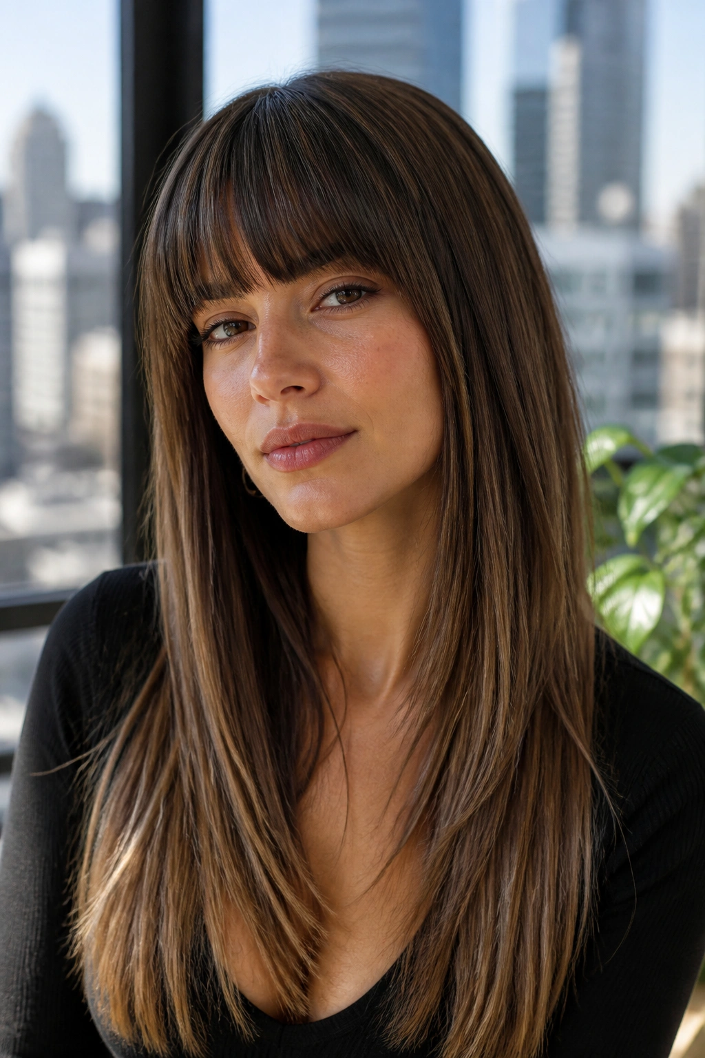 Close-up of a real woman with straight blended layers and blunt bangs in a city apartment