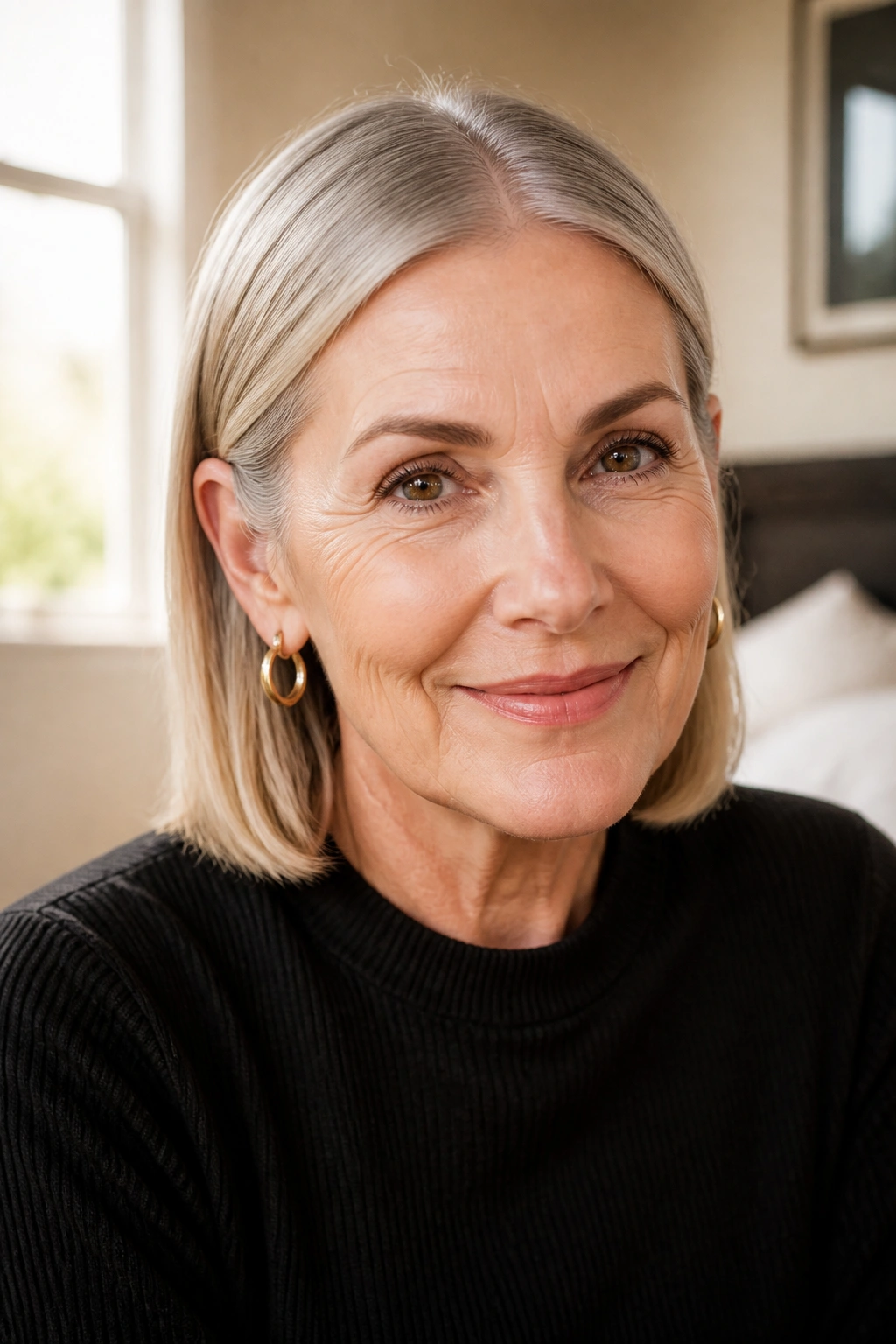 Close-up of a real woman with a straight lob tucked behind ears.