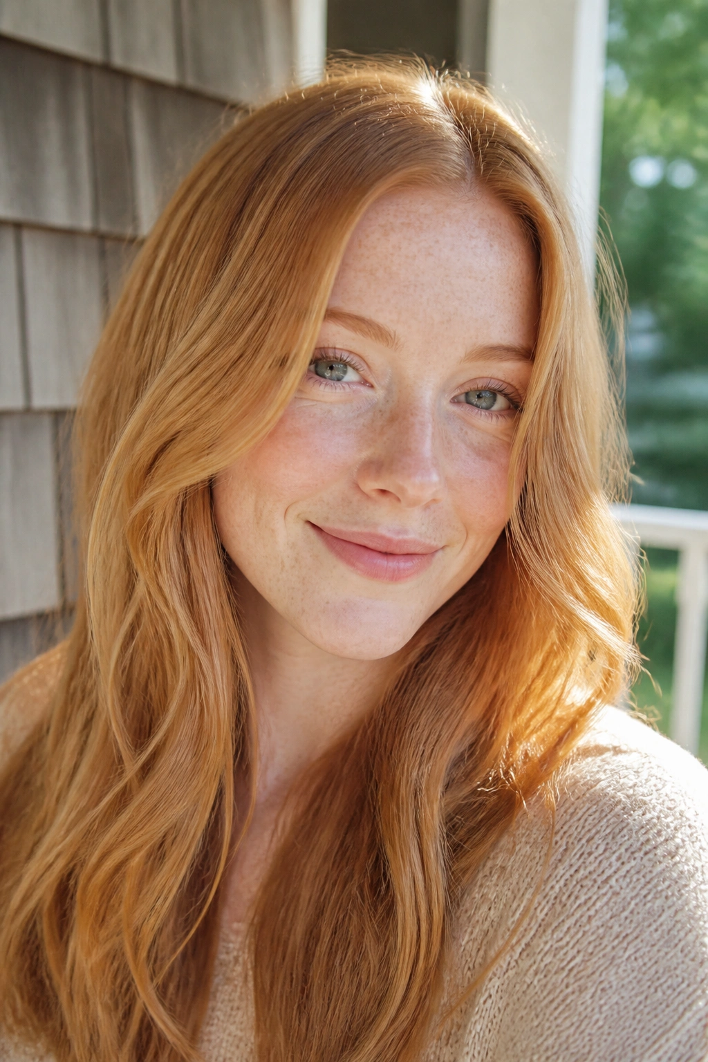 Close-up of pale-skinned woman with strawberry blonde hair in warm sunlight