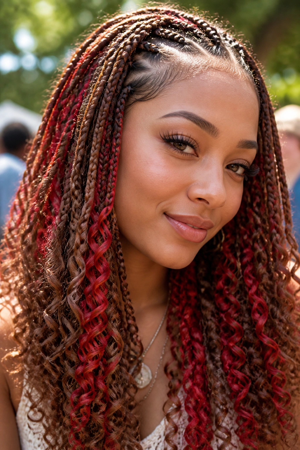 Close-up of a real person with strawberry red accents in tight ringlets against light brown base