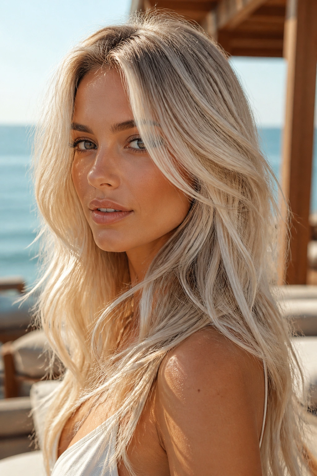 Close-up portrait of a real person with sun-kissed platinum hair filling the frame