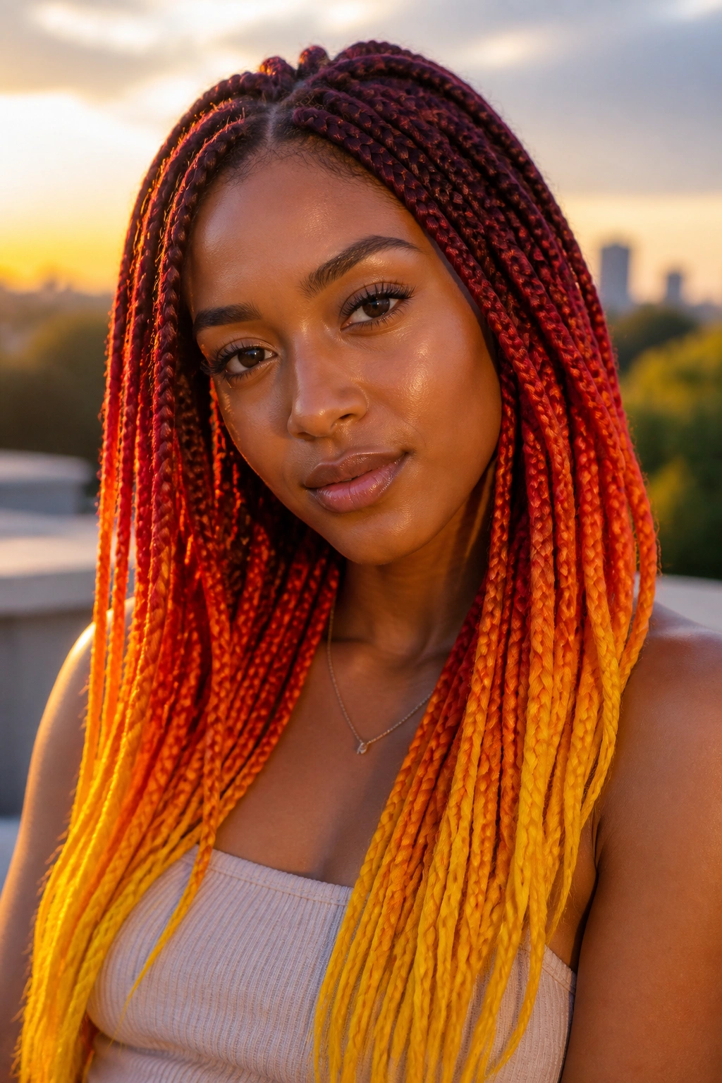 Close-up of a real woman with warm sunrise gradient box braids in a golden hour outdoor setting