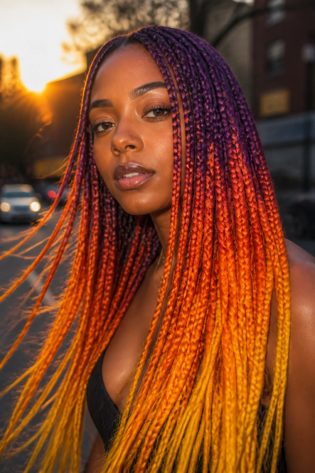 Close-up of a real woman with sunset gradient ombre braids transitioning purple to orange to yellow.
