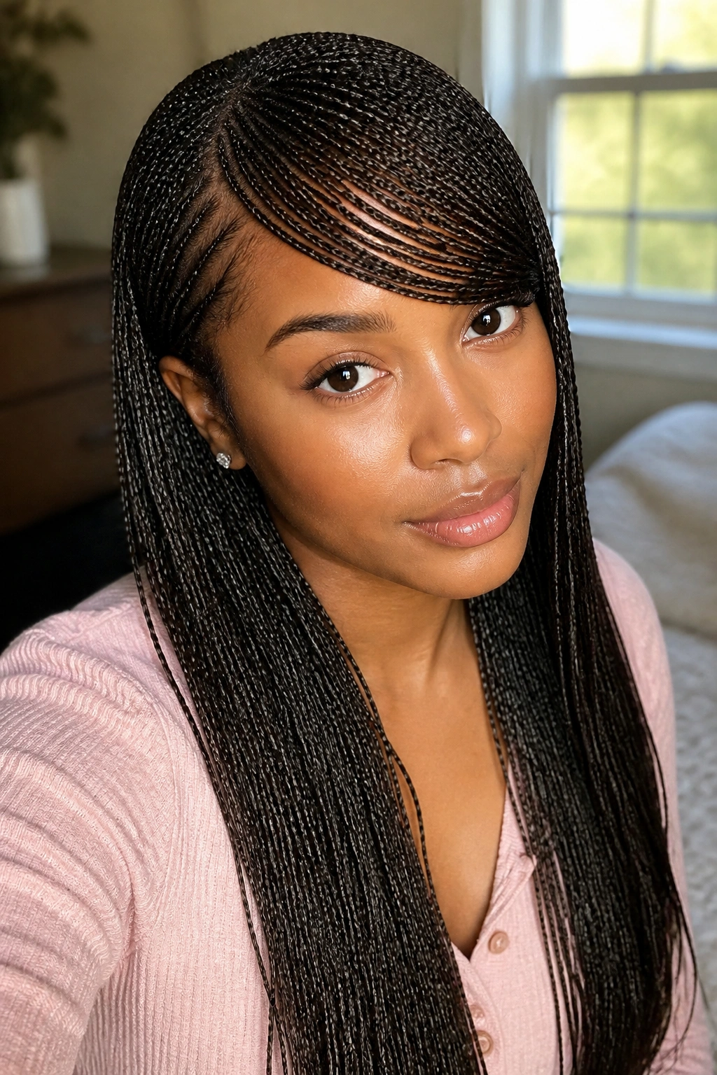 Portrait of a woman showcasing micro braids with swoop bangs.