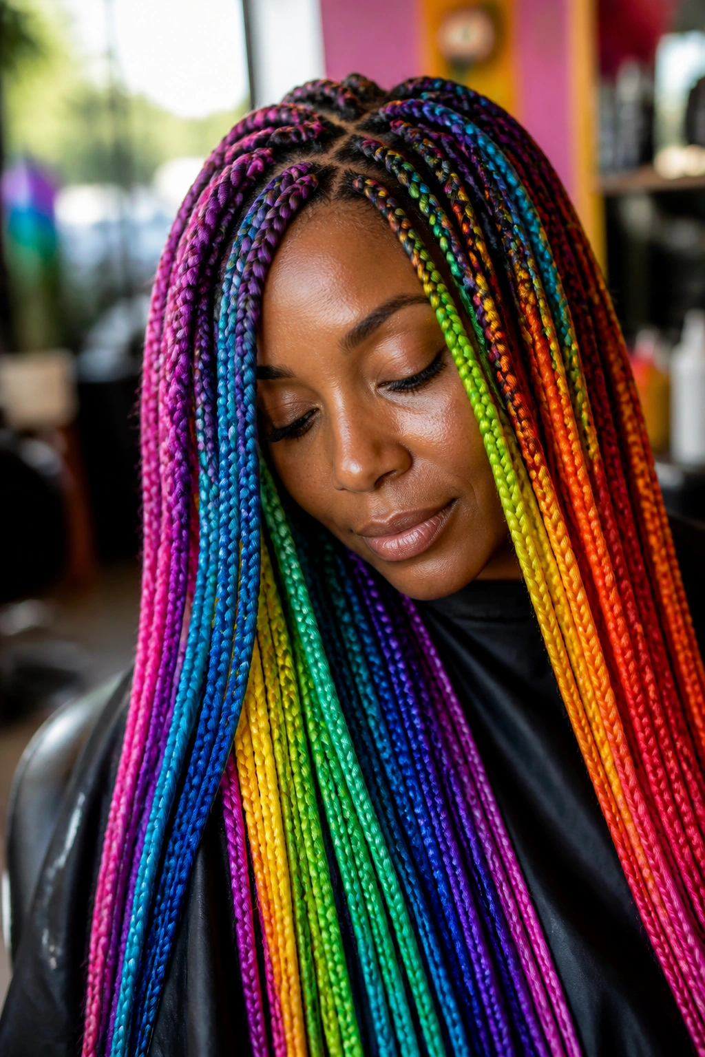 Close-up of a real person with rainbow synthetic hair showing uniform texture and color.
