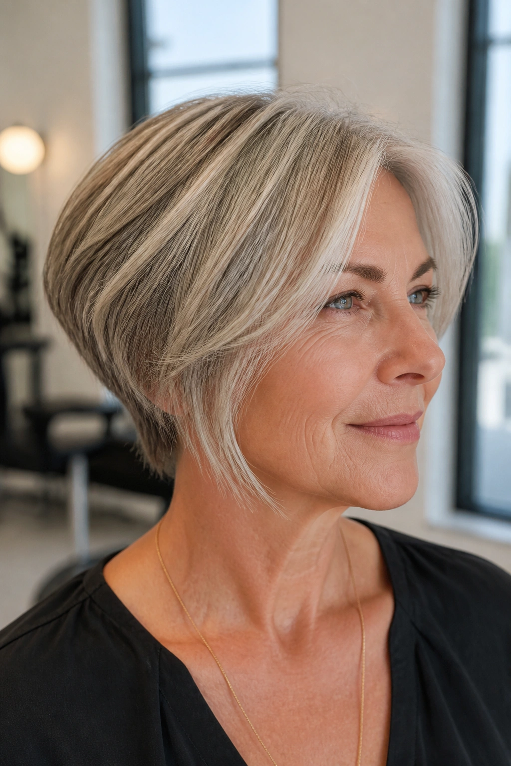 Close-up portrait of a real woman with tapered bob and piecey ends in bright salon setting