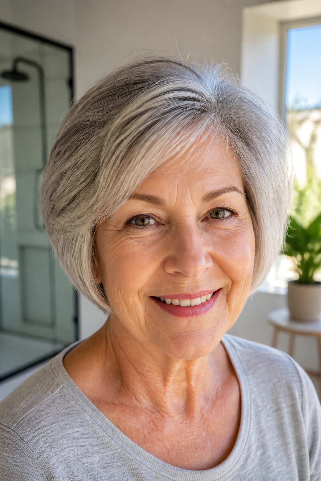Older woman with tapered bob and root lift showing volume at crown