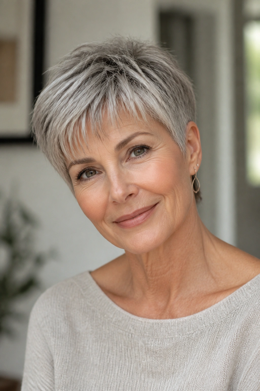 Portrait of a real woman with a tapered crop and wispy fringe
