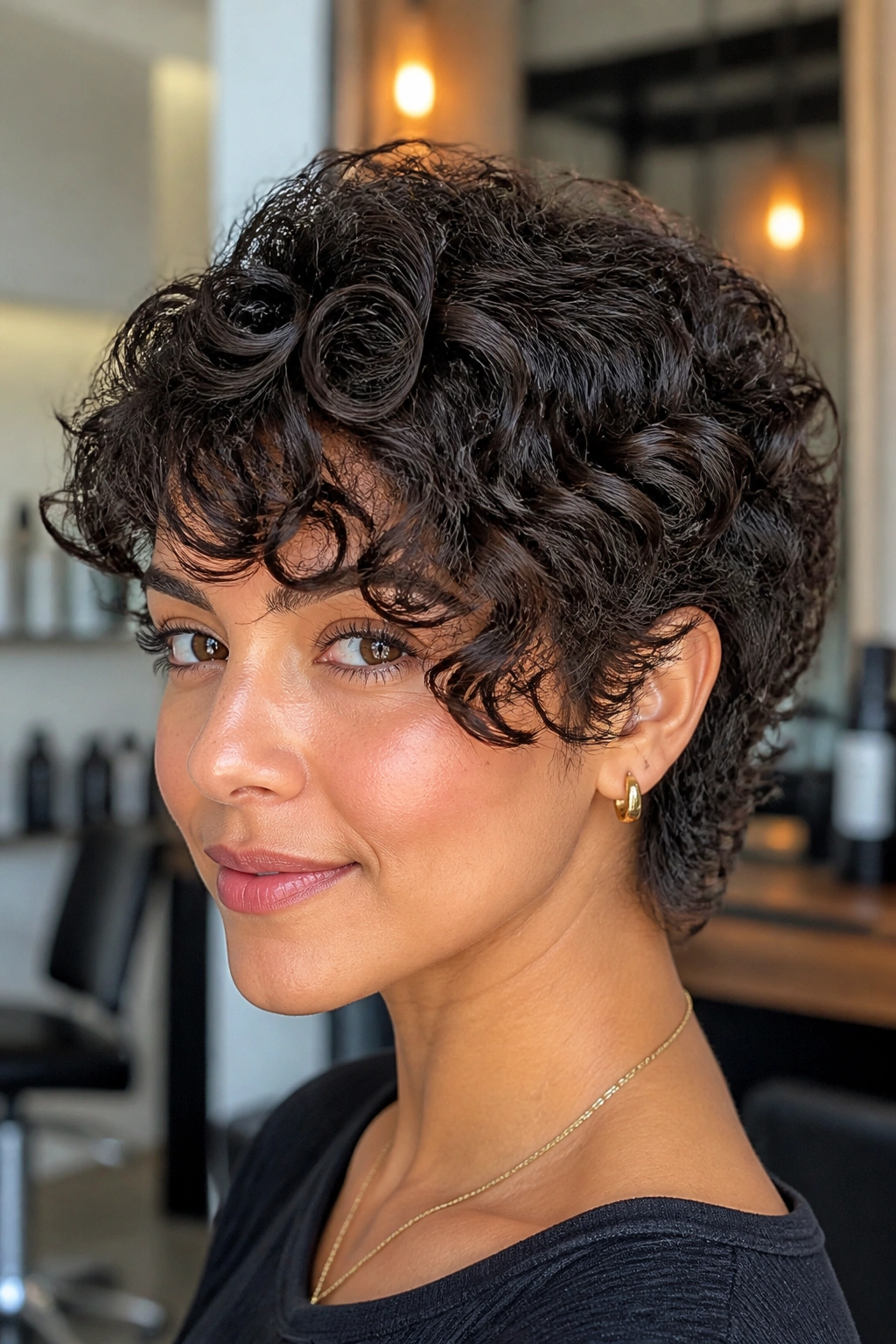Close-up of a real person with tapered curly cut and side bangs in a warm salon
