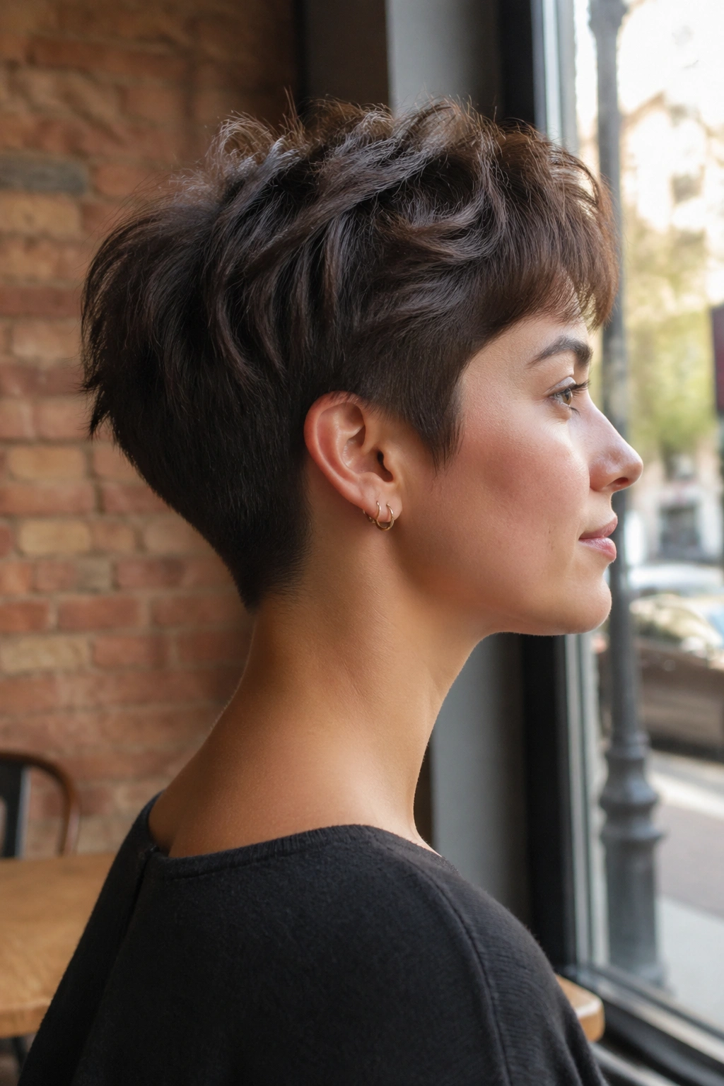 Close-up portrait of a person with a tapered cut at the nape in a cafe setting