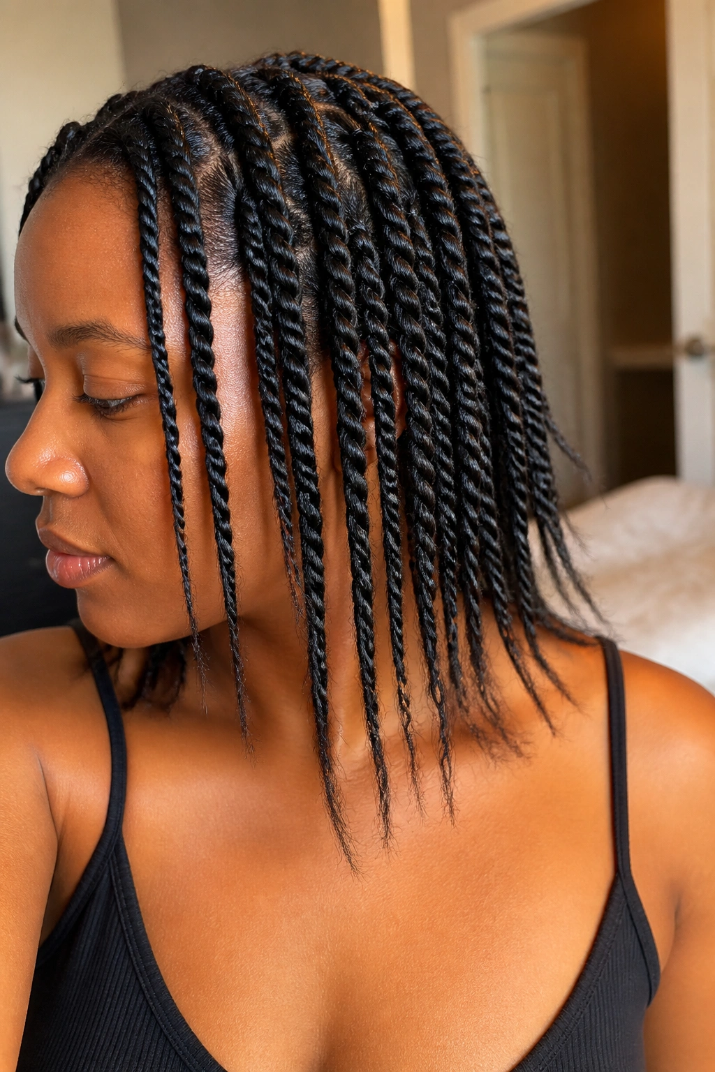 Close-up of tapered end twists with hot water seal on a real person