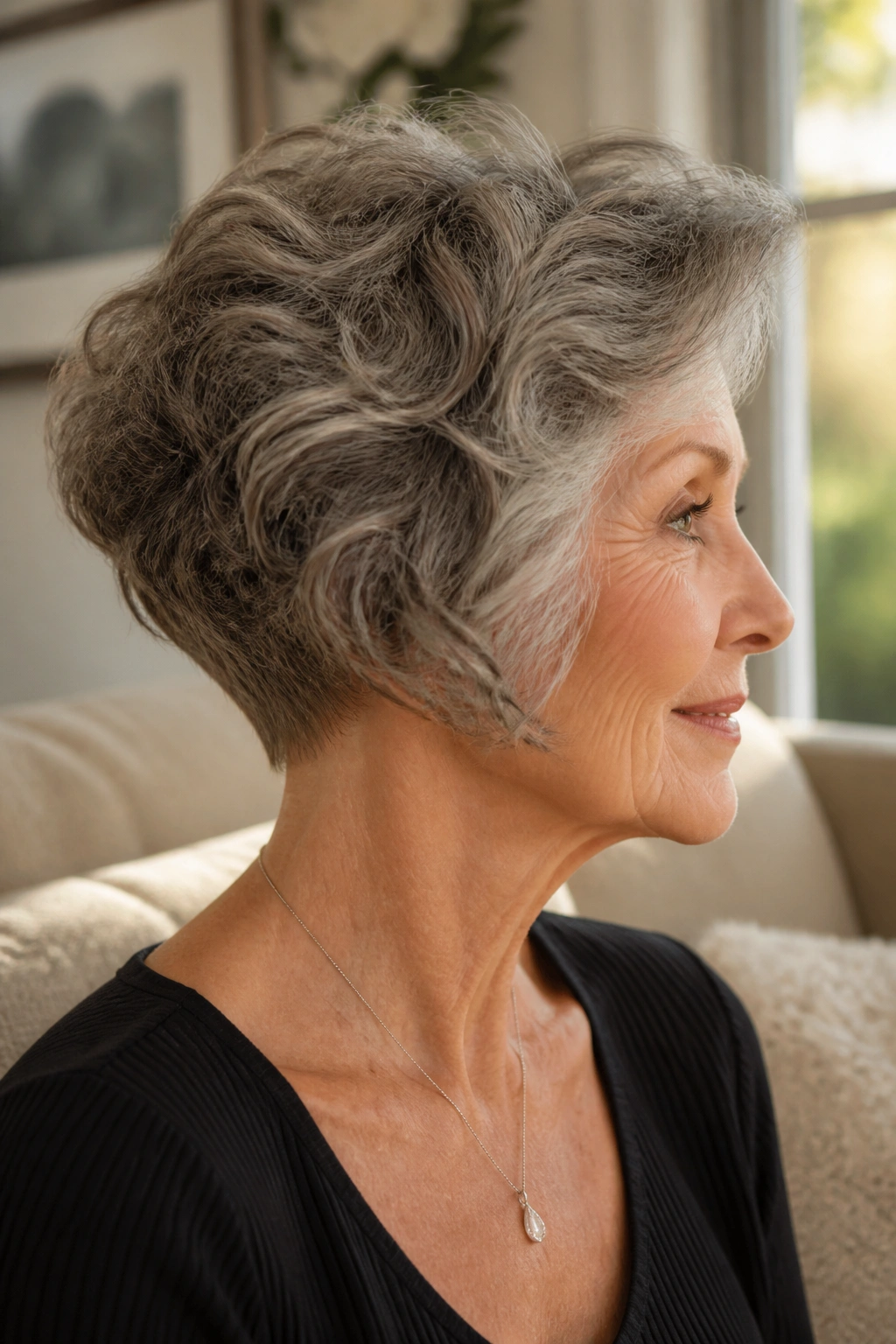 Close-up portrait of a senior woman with a tapered nape bob in warm daylight