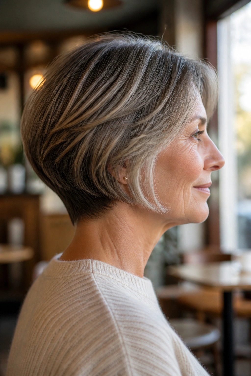 Close-up portrait of a real woman with a bob featuring a tapered nape and soft sides, warm cafe lighting