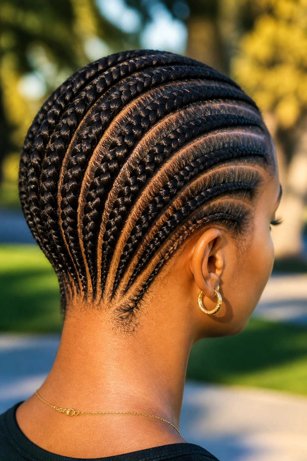 Close-up of tapered nape cornrows on a real person, highlighting the lifted silhouette.