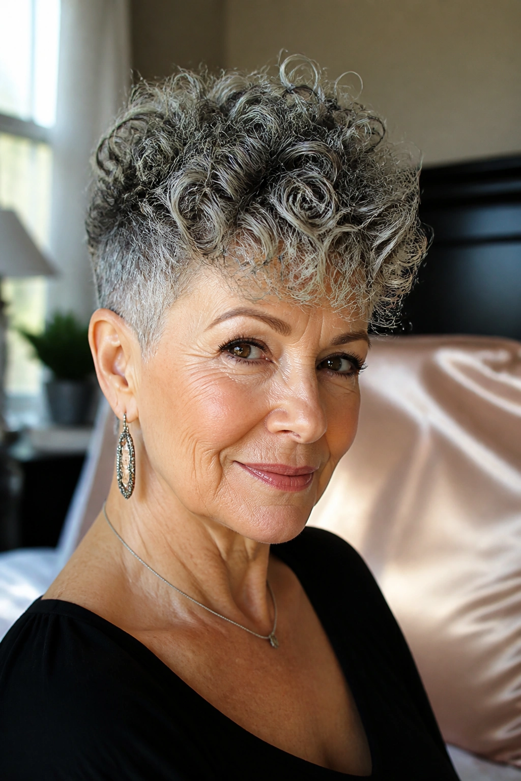 Close-up portrait of an older woman with a tapered pineapple cut showing short sides and longer top curls.