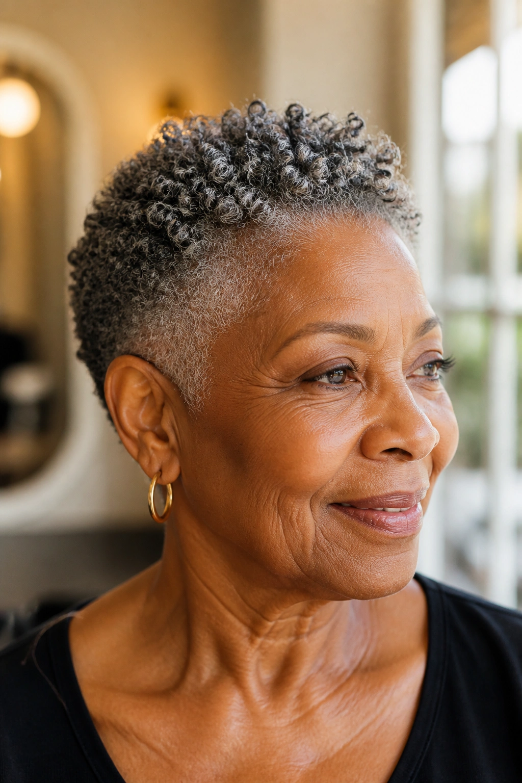 Portrait of a woman with a tapered pixie and tight curls