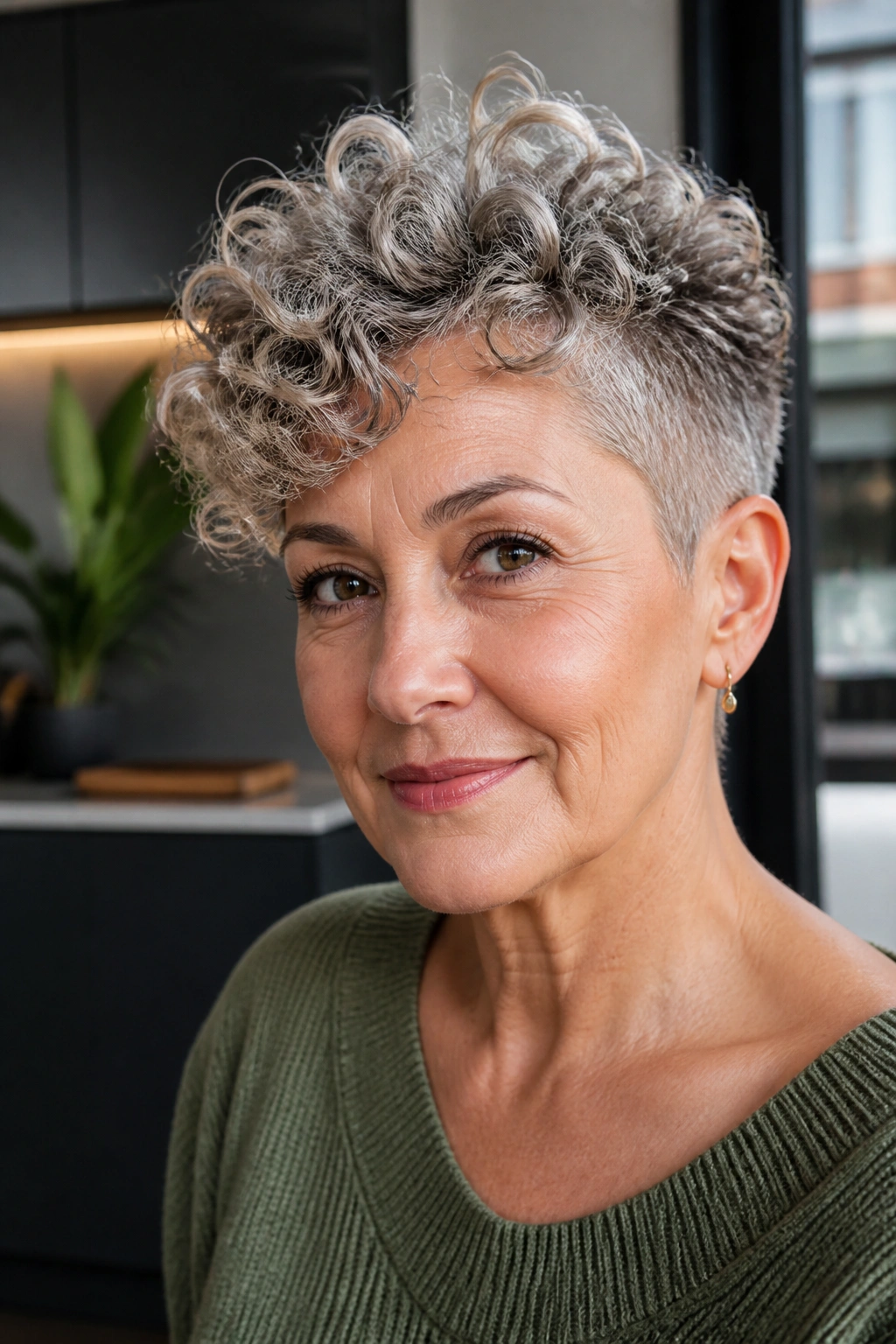 Close-up of an older woman with a tapered pixie and curly top in bright daylight.