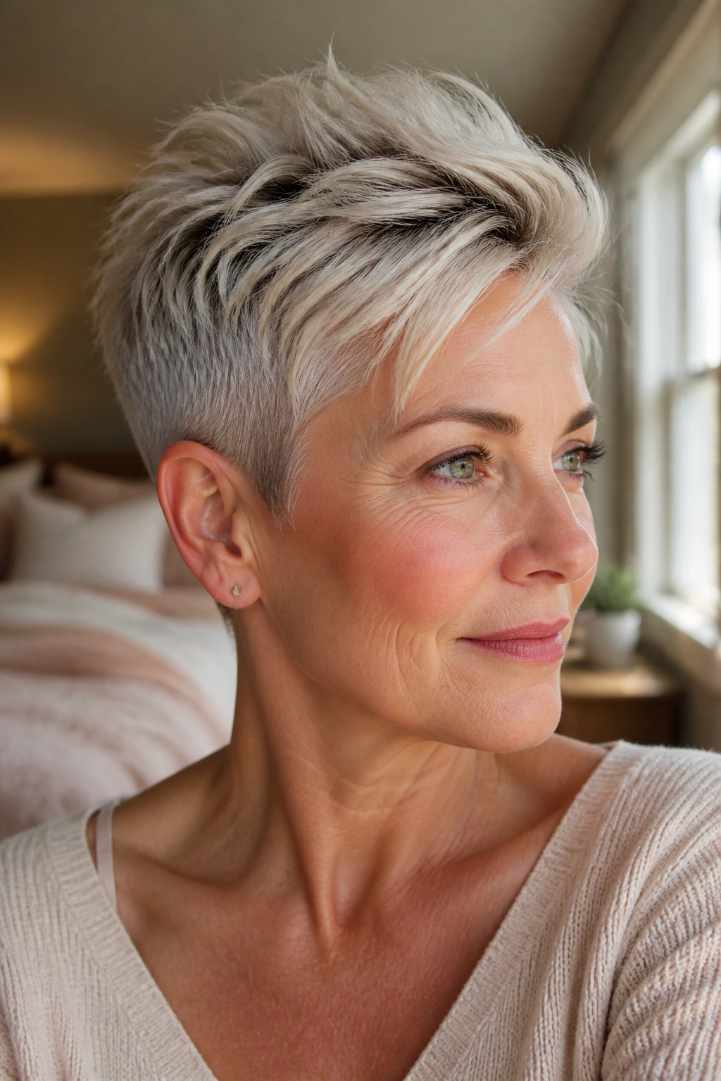 Close-up of a real woman with a tapered pixie and long crown