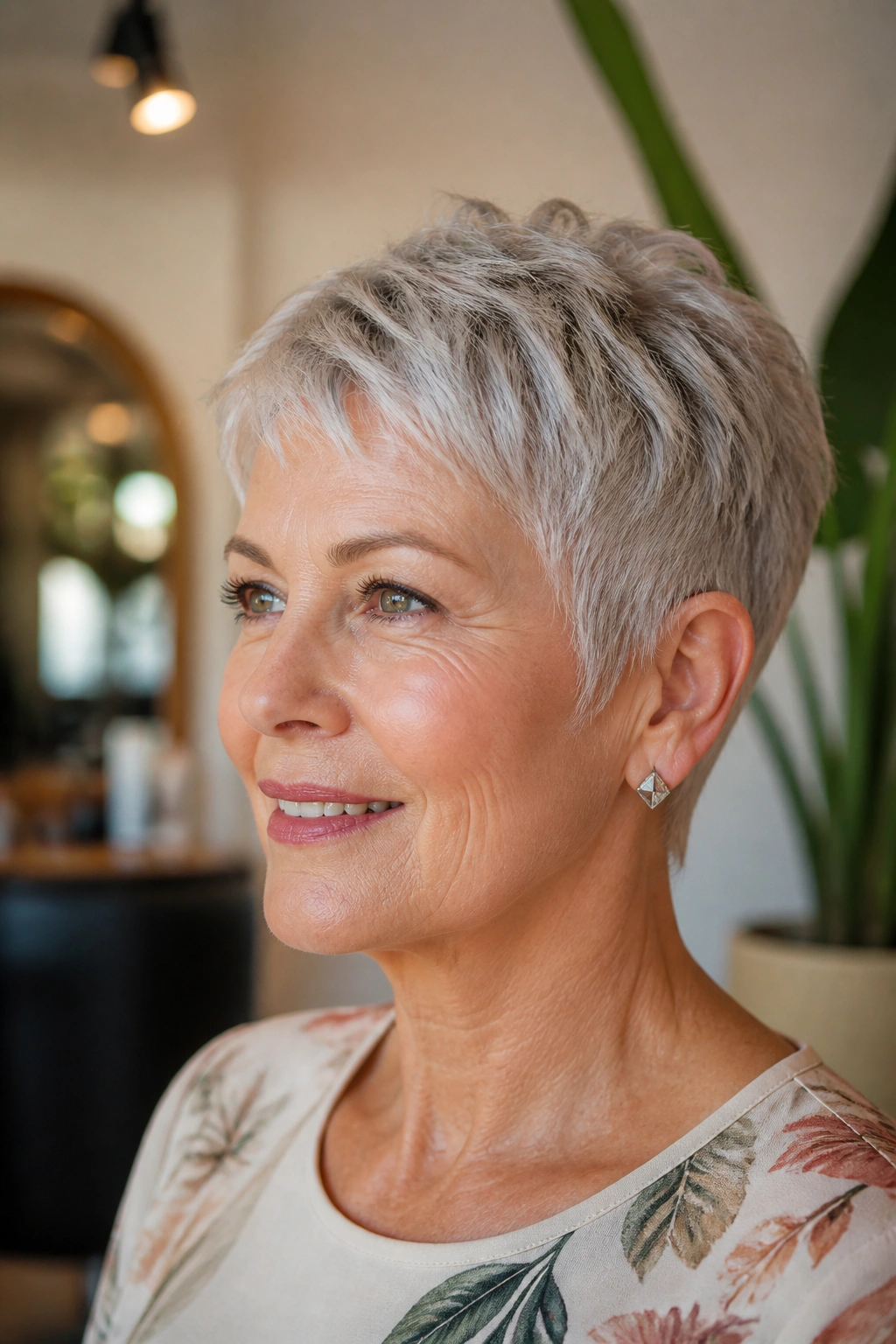 Close-up of a real woman with a tapered pixie haircut, highlighting tight ears and a lifted crown.