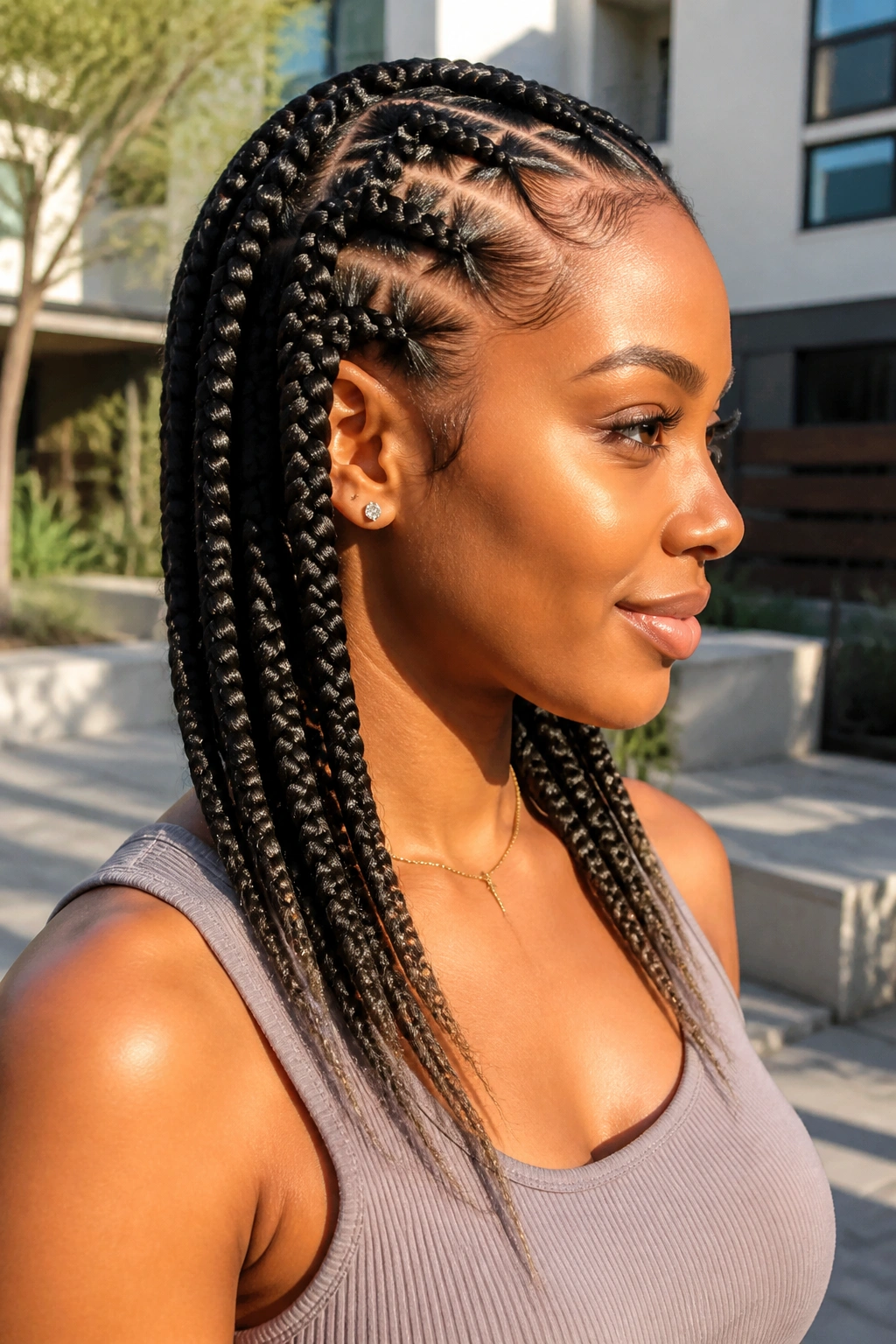 Close-up of tapered square braids on a real woman