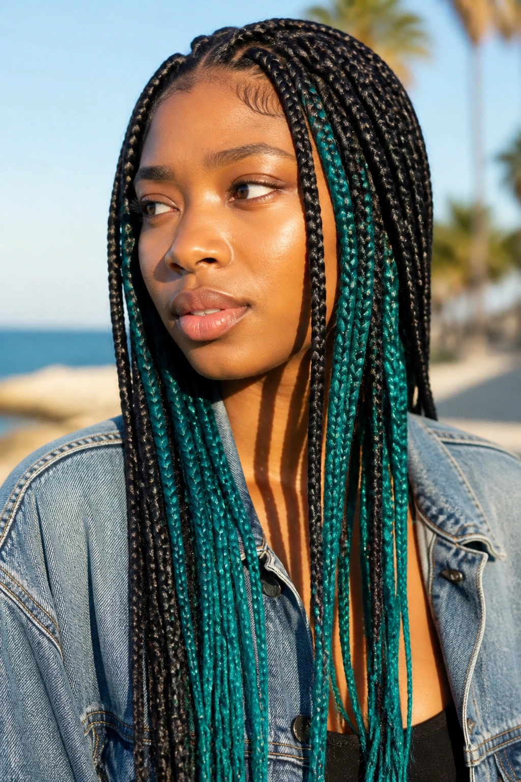 Portrait of a real person with teal peekaboo in knotless box braids.