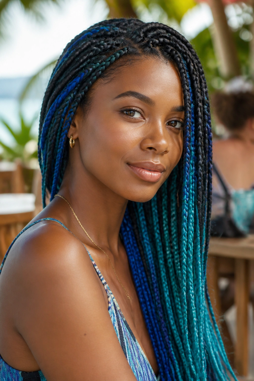Close-up of a woman with teal and blue peekaboo braids on the sides