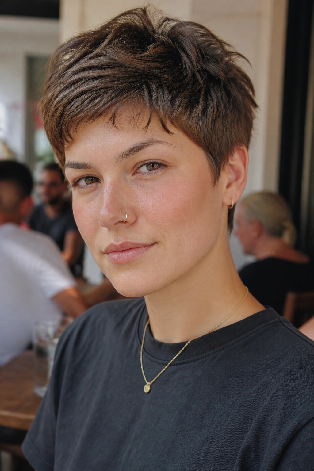 Close-up portrait of a real person with a textured boyish crop showing choppy layers