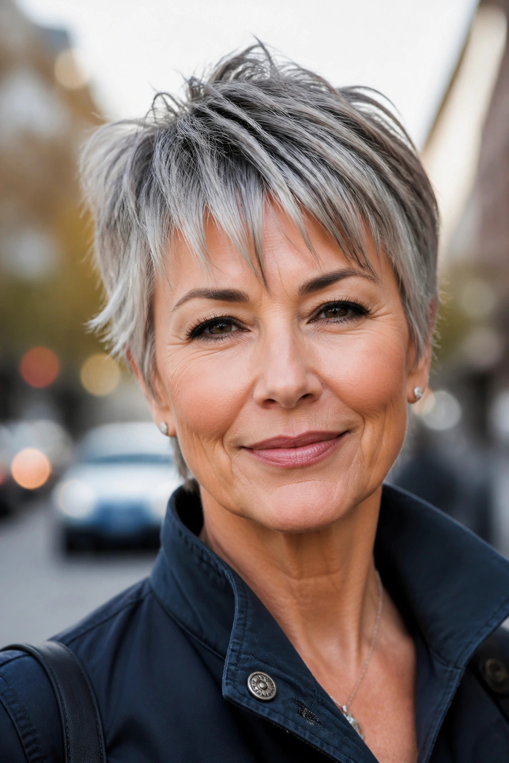Close-up of a real woman with a textured crop and piecey bangs