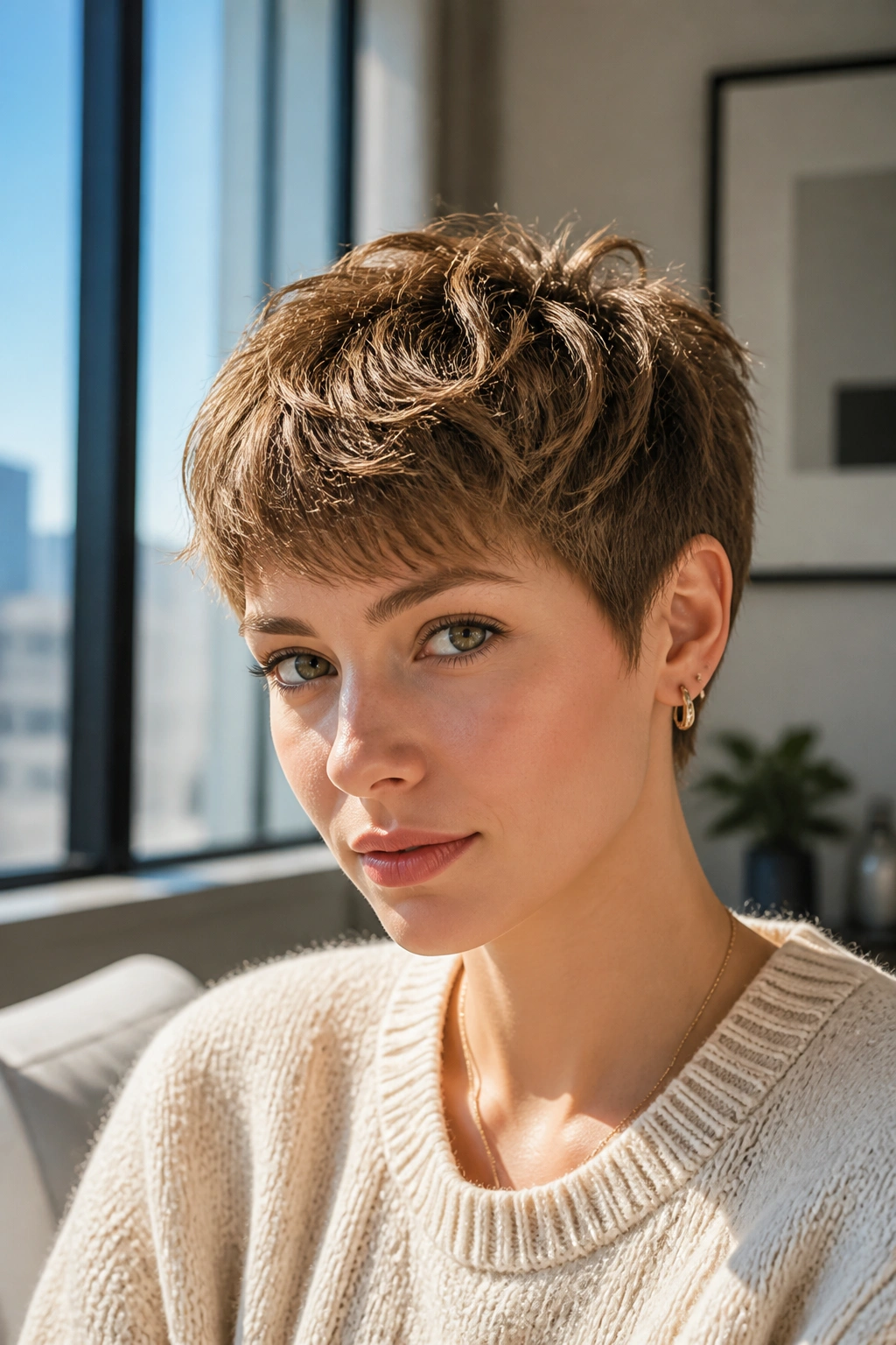 Close-up of a real woman with textured crop hairstyle in bright room