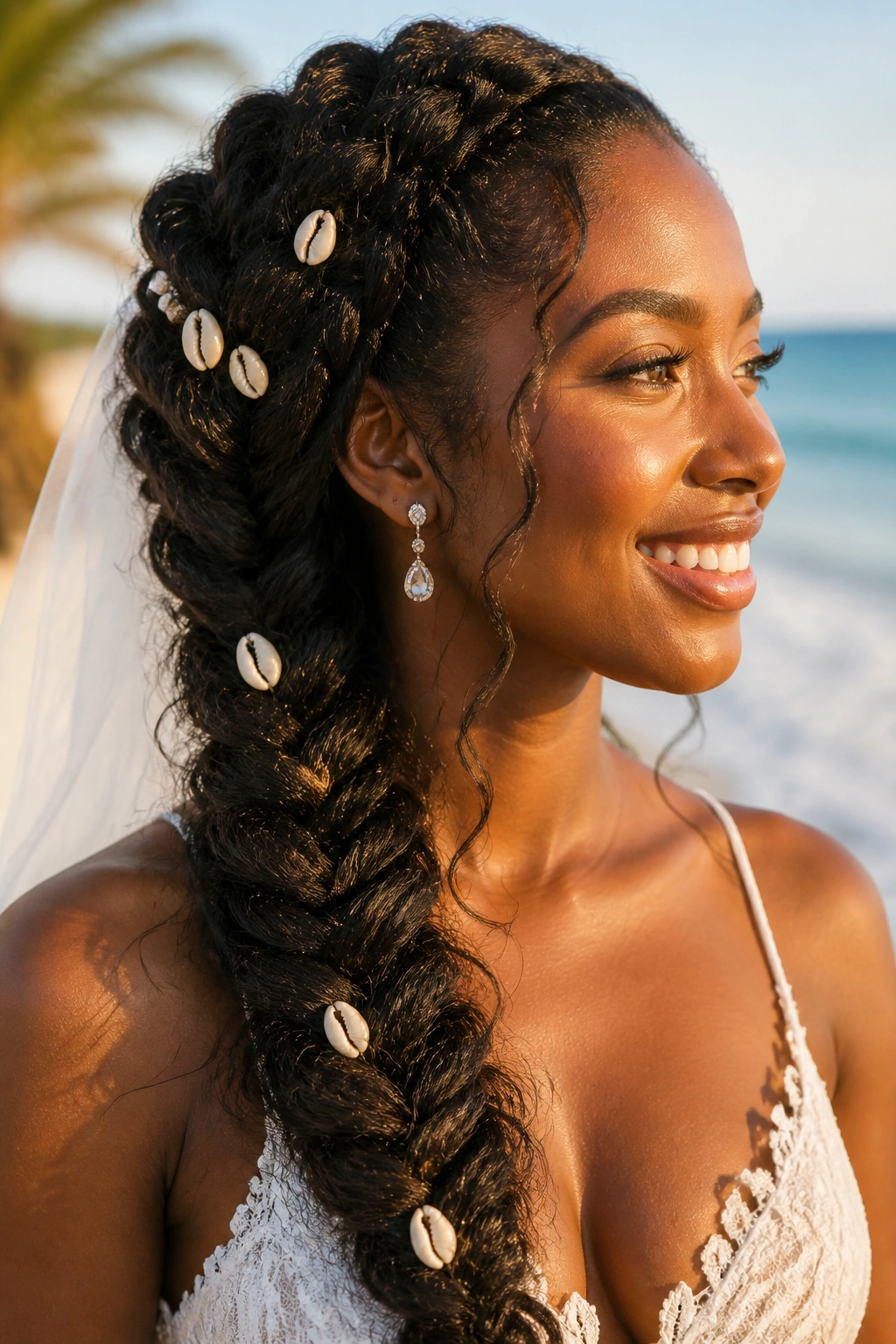 Bride with textured fishtail braid and shells