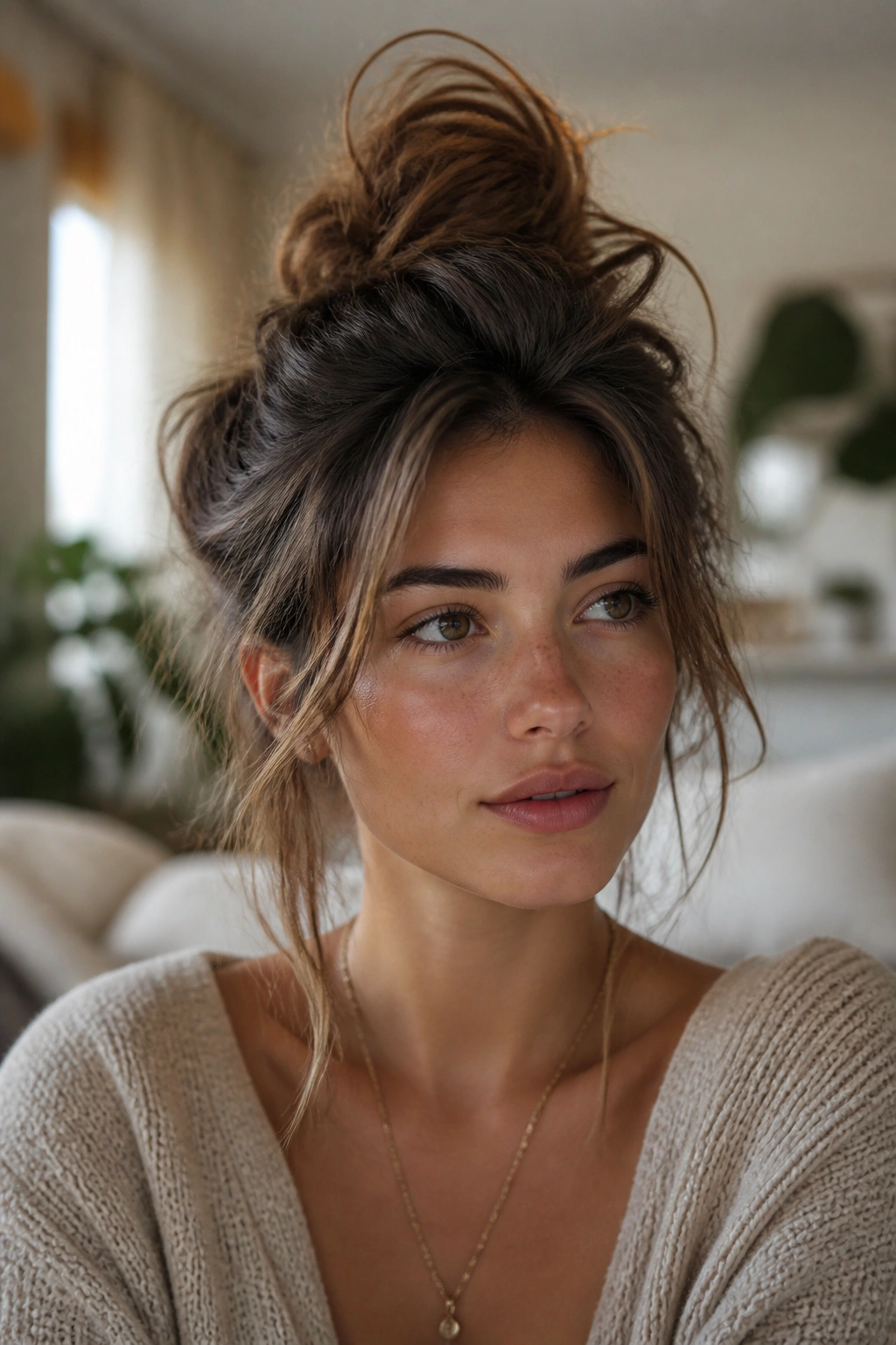 Close-up of a real woman with textured layers and a messy top knot.