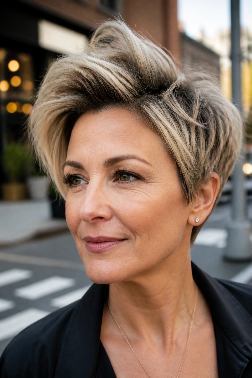 Portrait of a real woman with textured pixie and long top pieces, hair lifted at crown.
