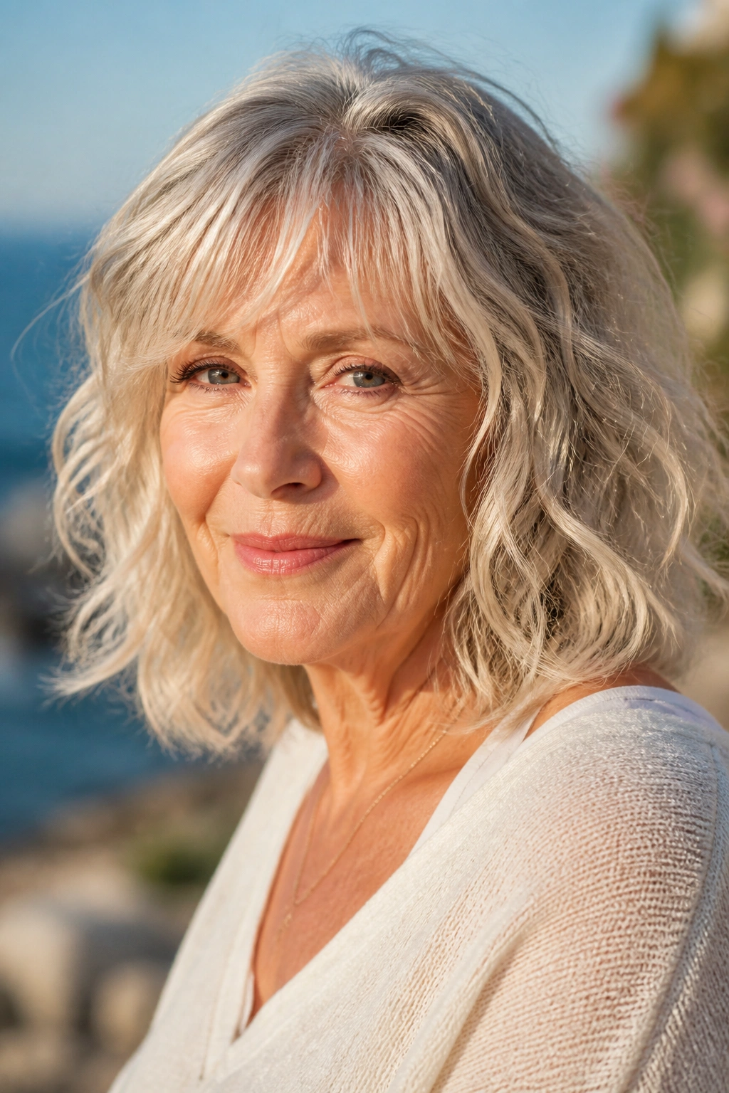 Older woman with textured waves for fine hair at the beach