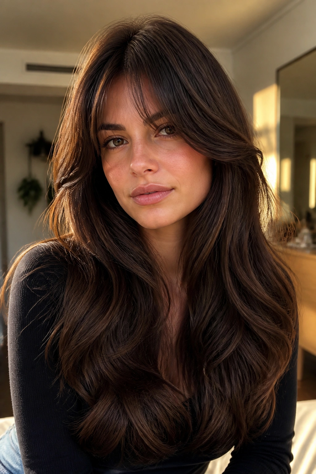 Close-up portrait of a woman with thick hair and dense curtain bangs