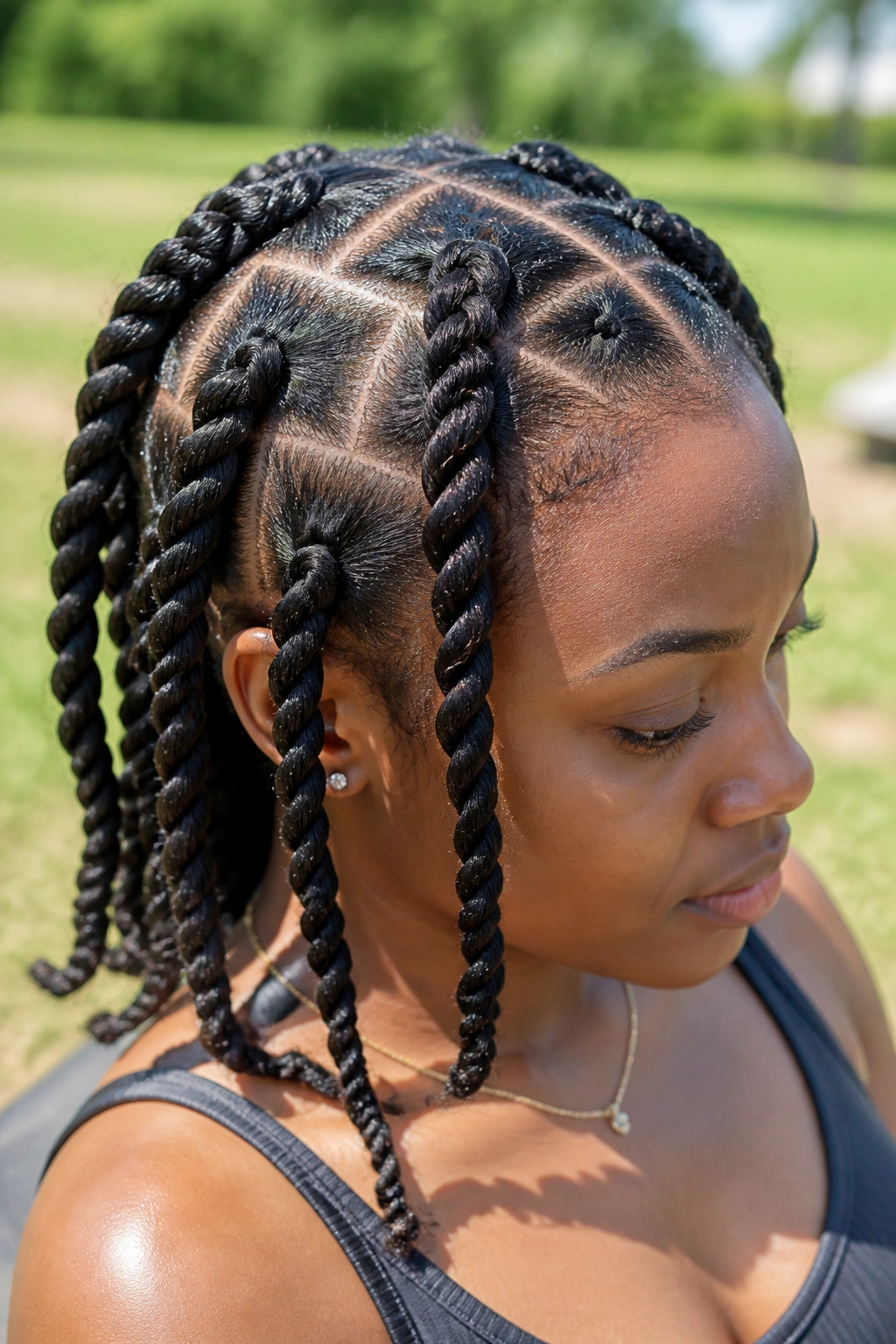 Close-up of a real person with thick rope-style square braids in an outdoor setting