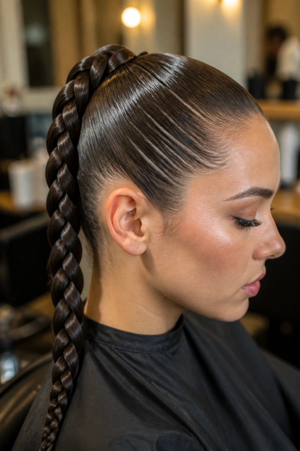 Side profile of real person with high-tension three-strand slick-back braid in a salon