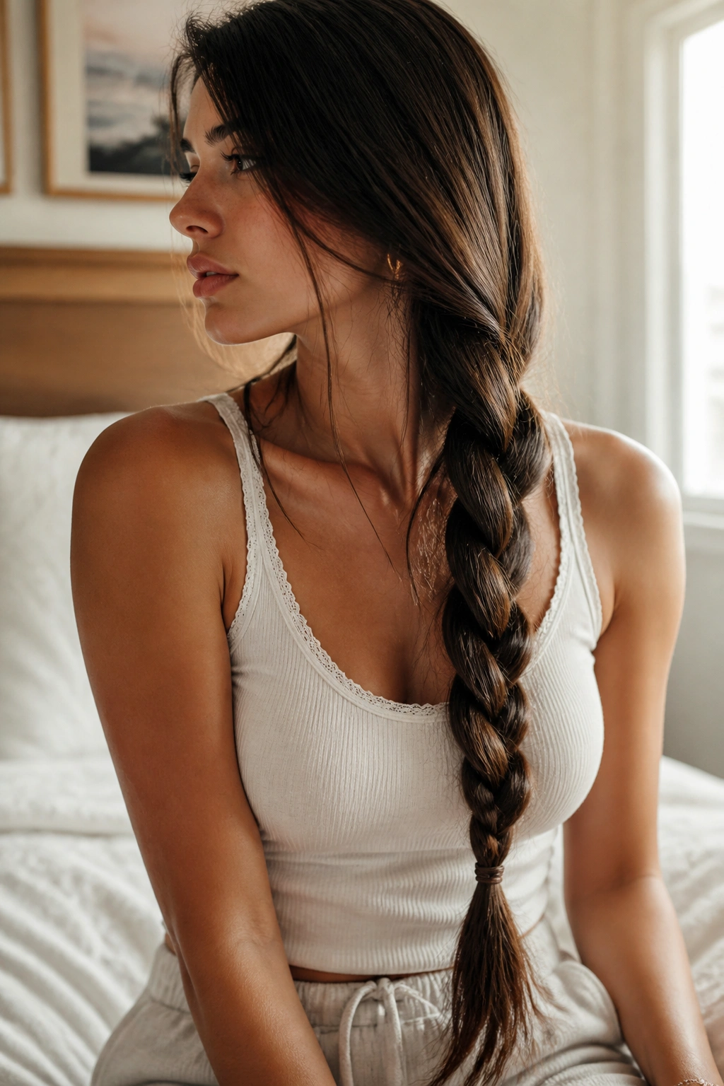 Close-up of a real woman with waist-length hair in a loose low three-strand braid starting at the nape and draping over the shoulder