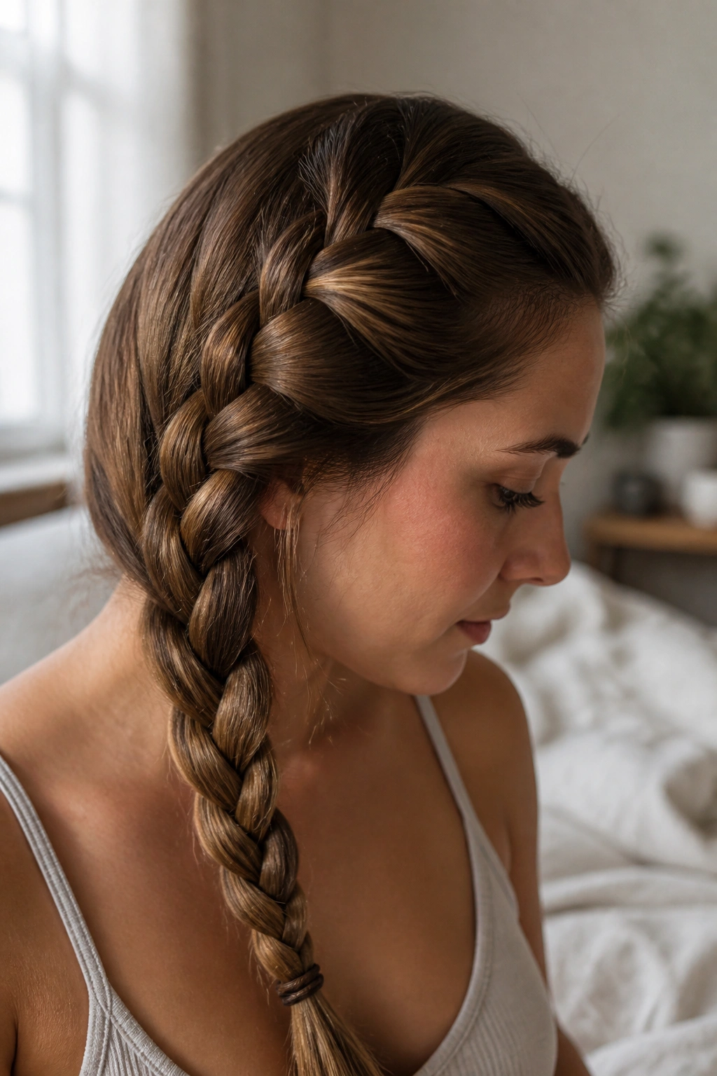 Close-up of a real woman with a three-strand plait