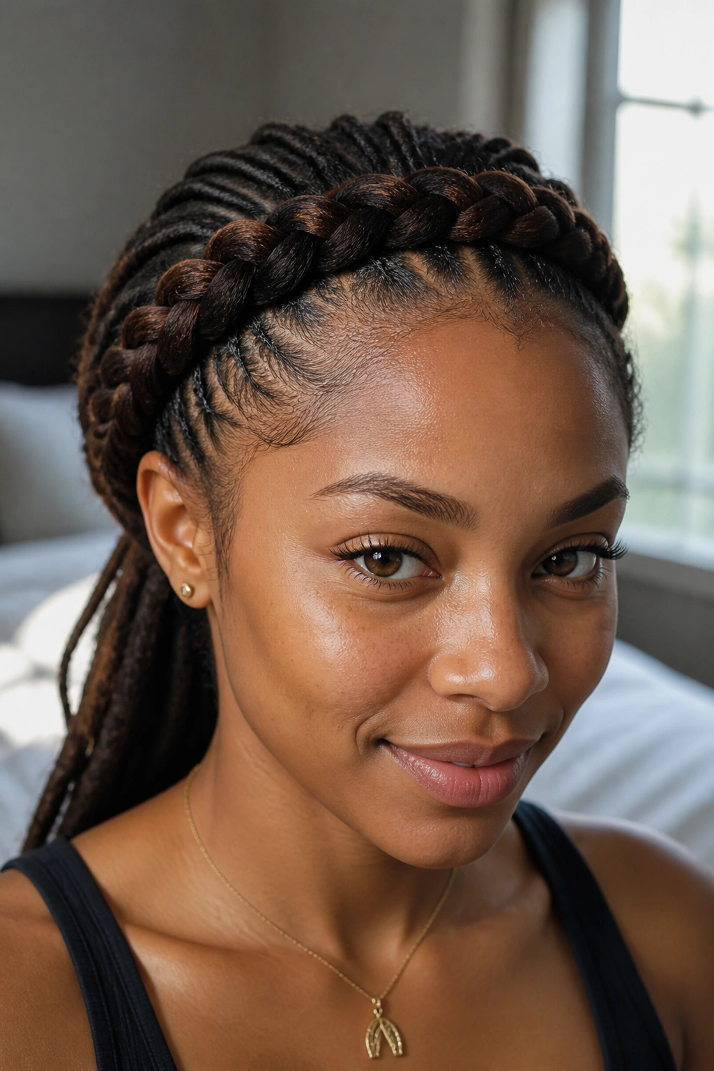 Close-up of a woman with a horizontal tiara braid across the crown in soft light