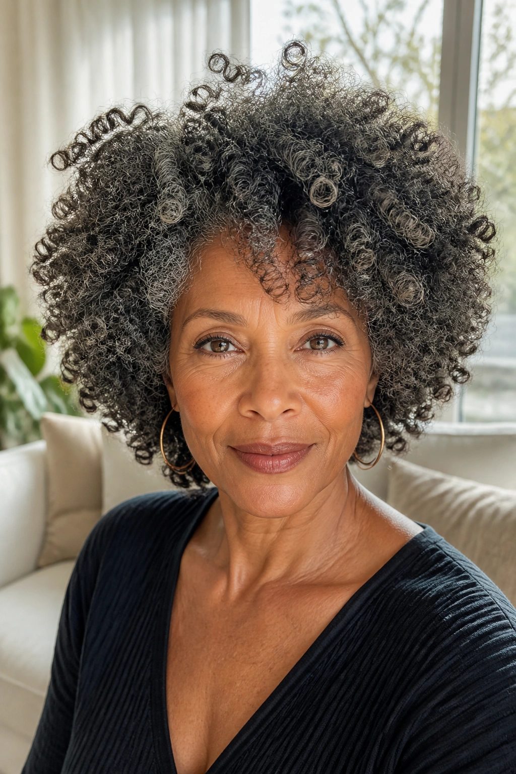 Real woman with tight voluminous coils in a bright living room