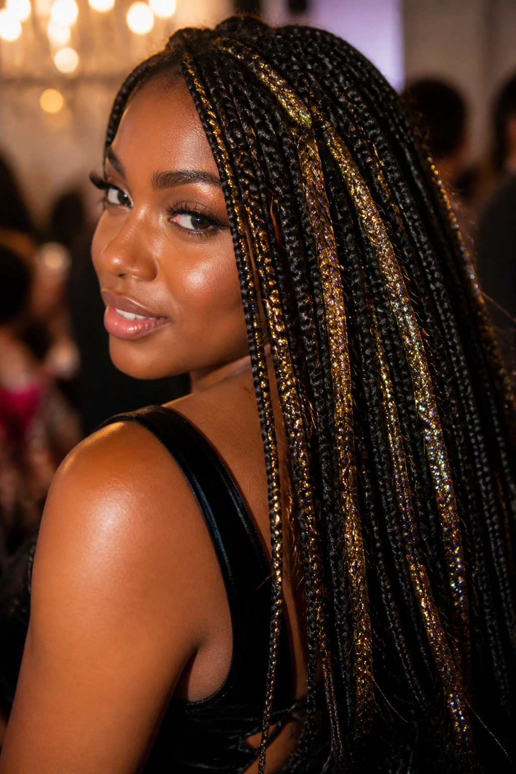 Woman with box braids and hair tinsel sparkle