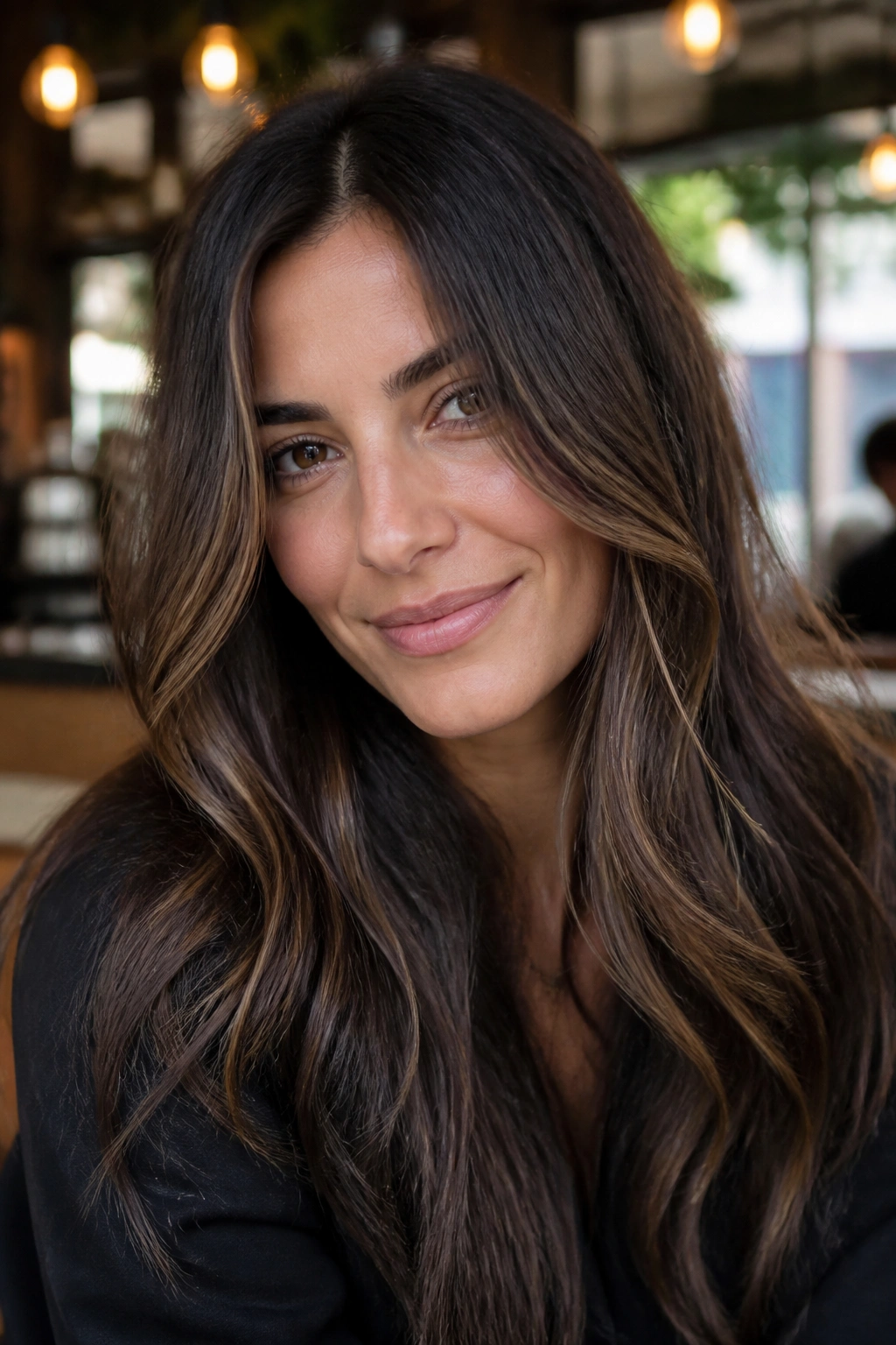 Close-up of a real person with subtle toffee babylights in dark hair under warm cafe lighting.