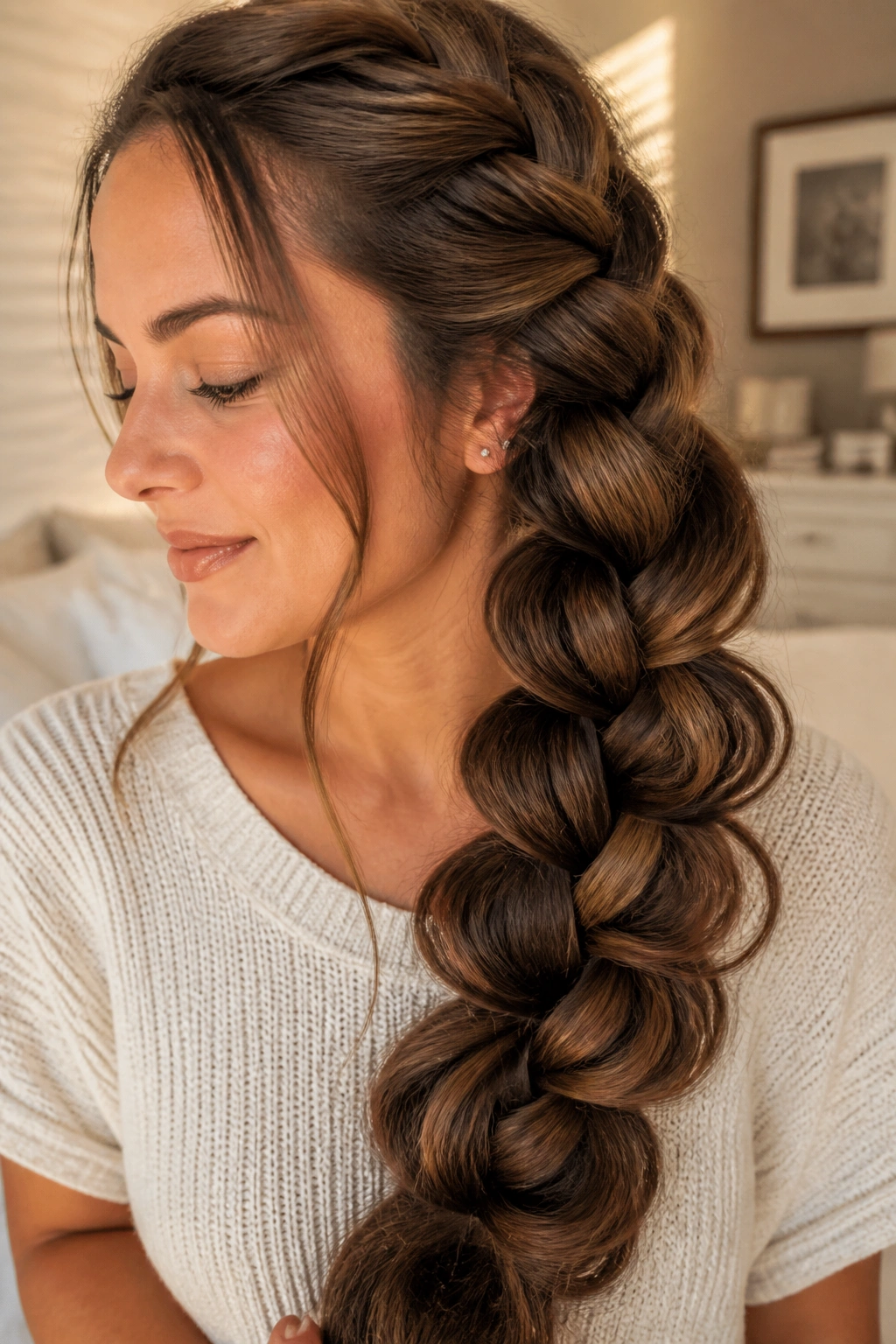 Close-up portrait of a real woman with a voluminous topsy-tail braid on long hair
