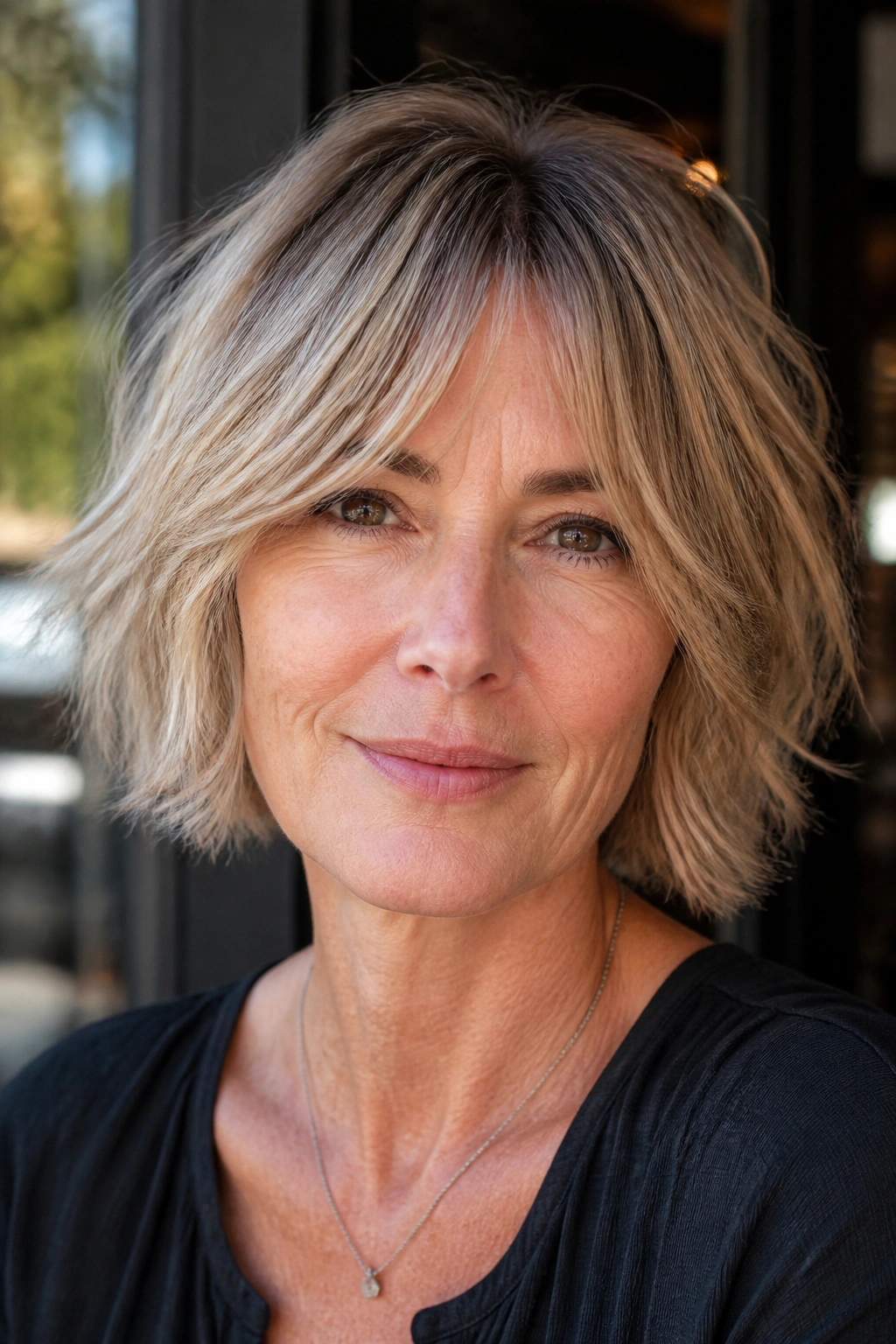 Close-up of real woman with tousled bob and curtain bangs in natural light.