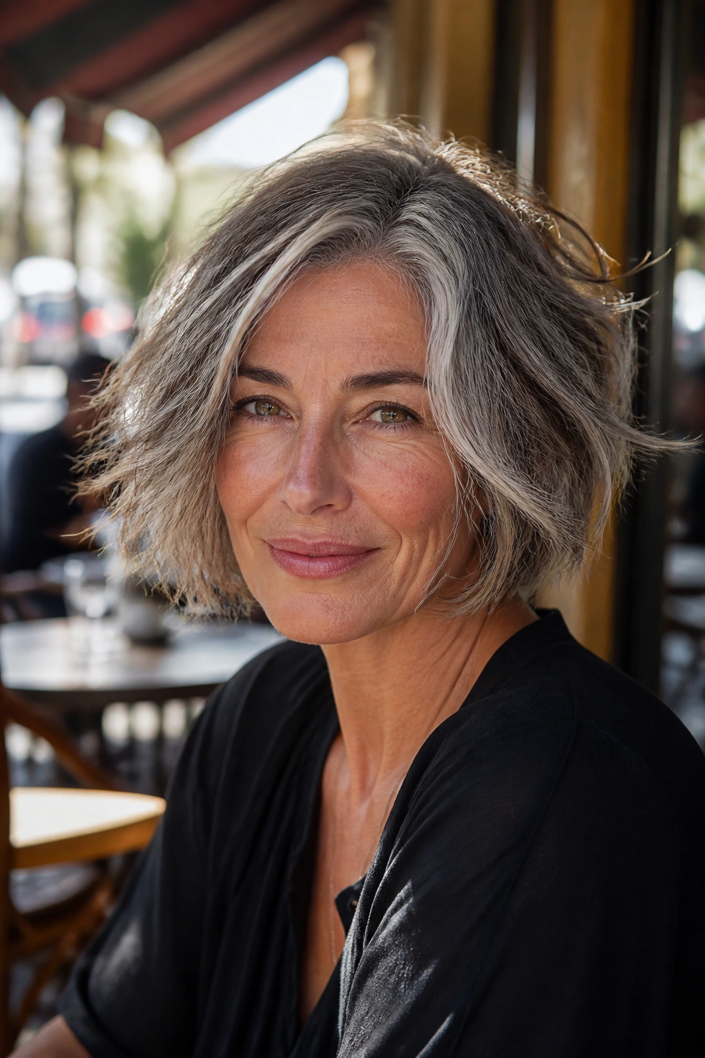 Portrait of a real woman with a tousled salt-and-pepper bob in a sunny cafe