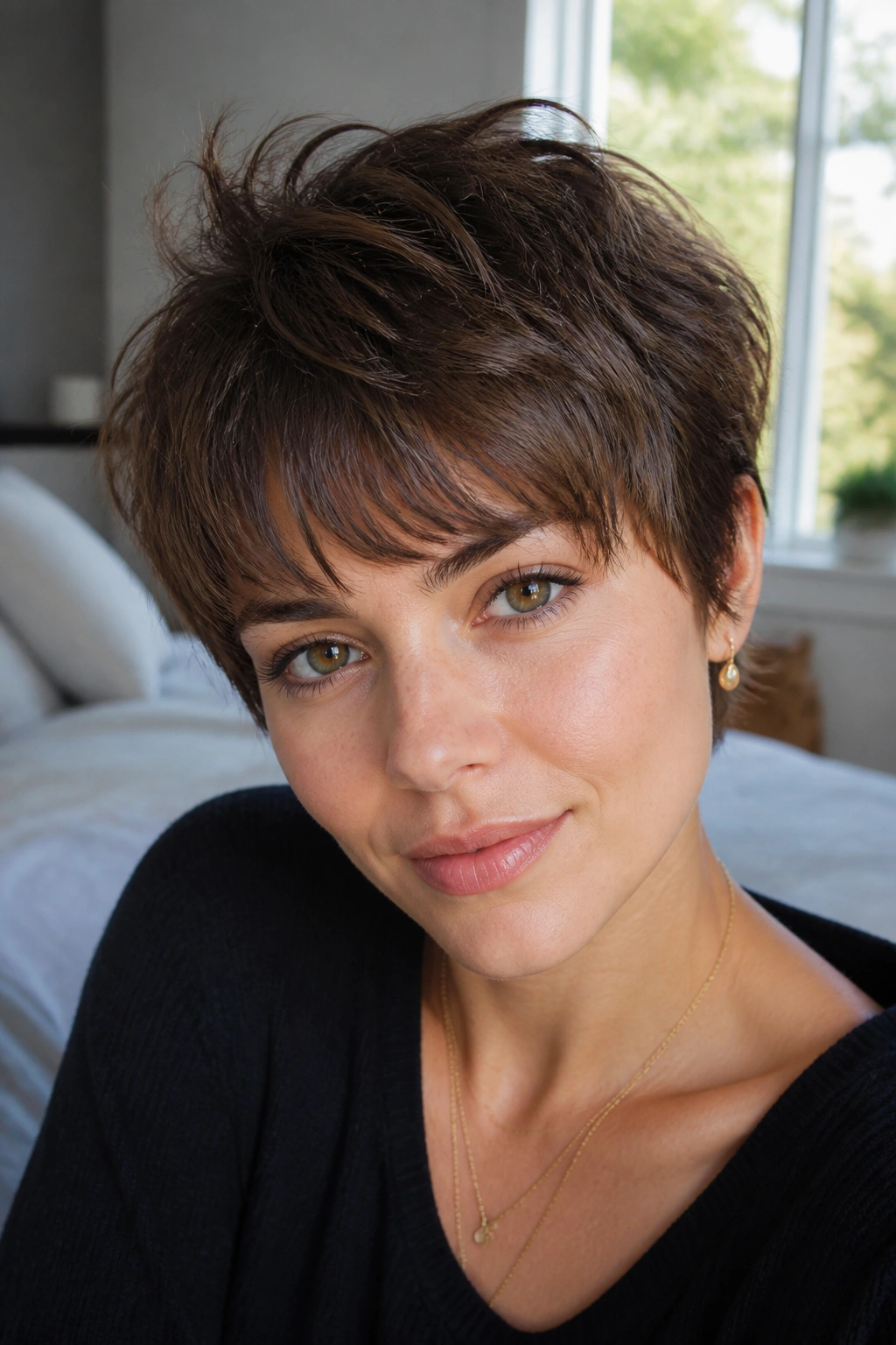 Close-up of real person with tousled crop and fringe, natural daylight