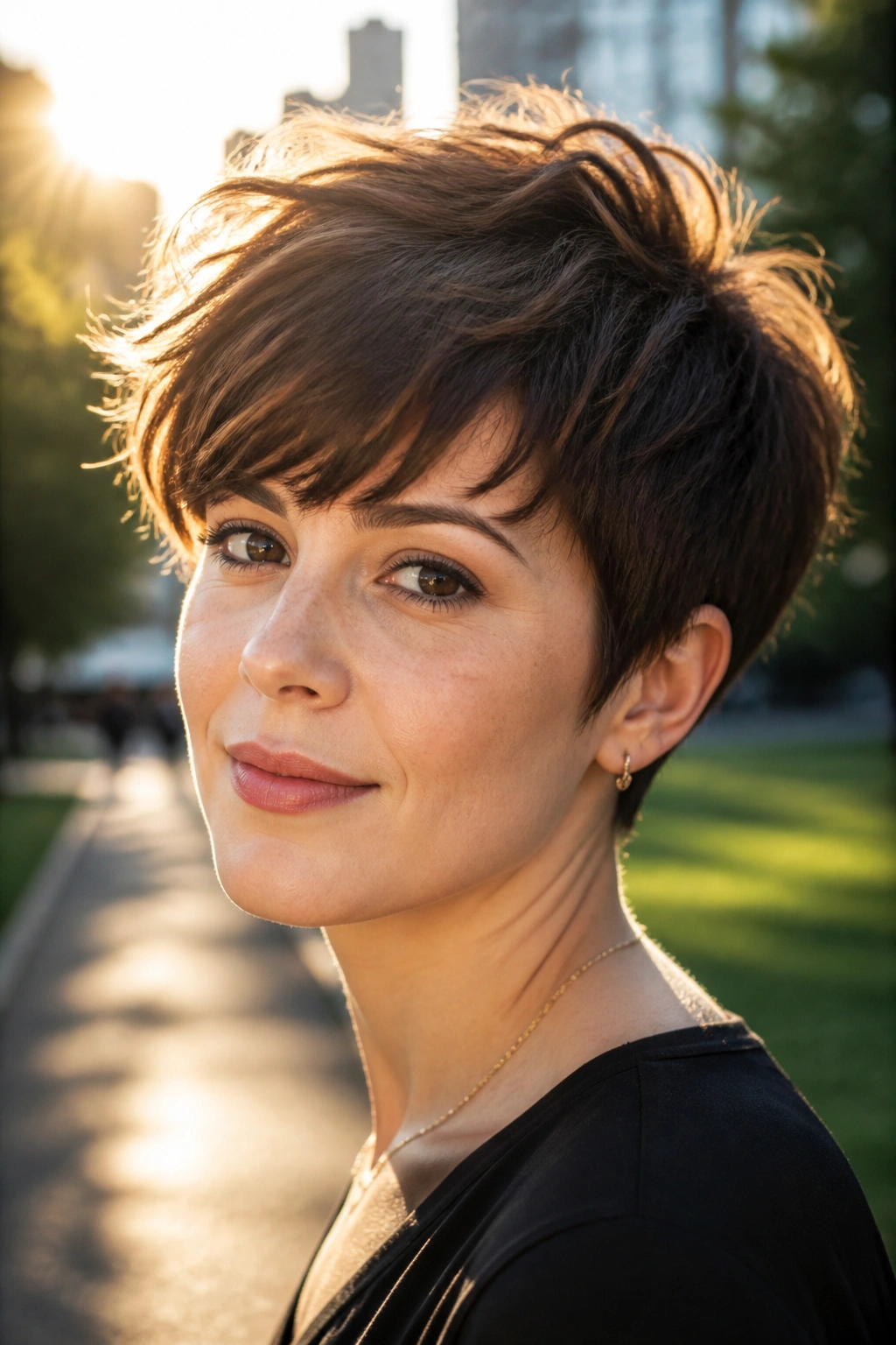 Real person with thick hair in a tousled crop, outdoor golden hour lighting