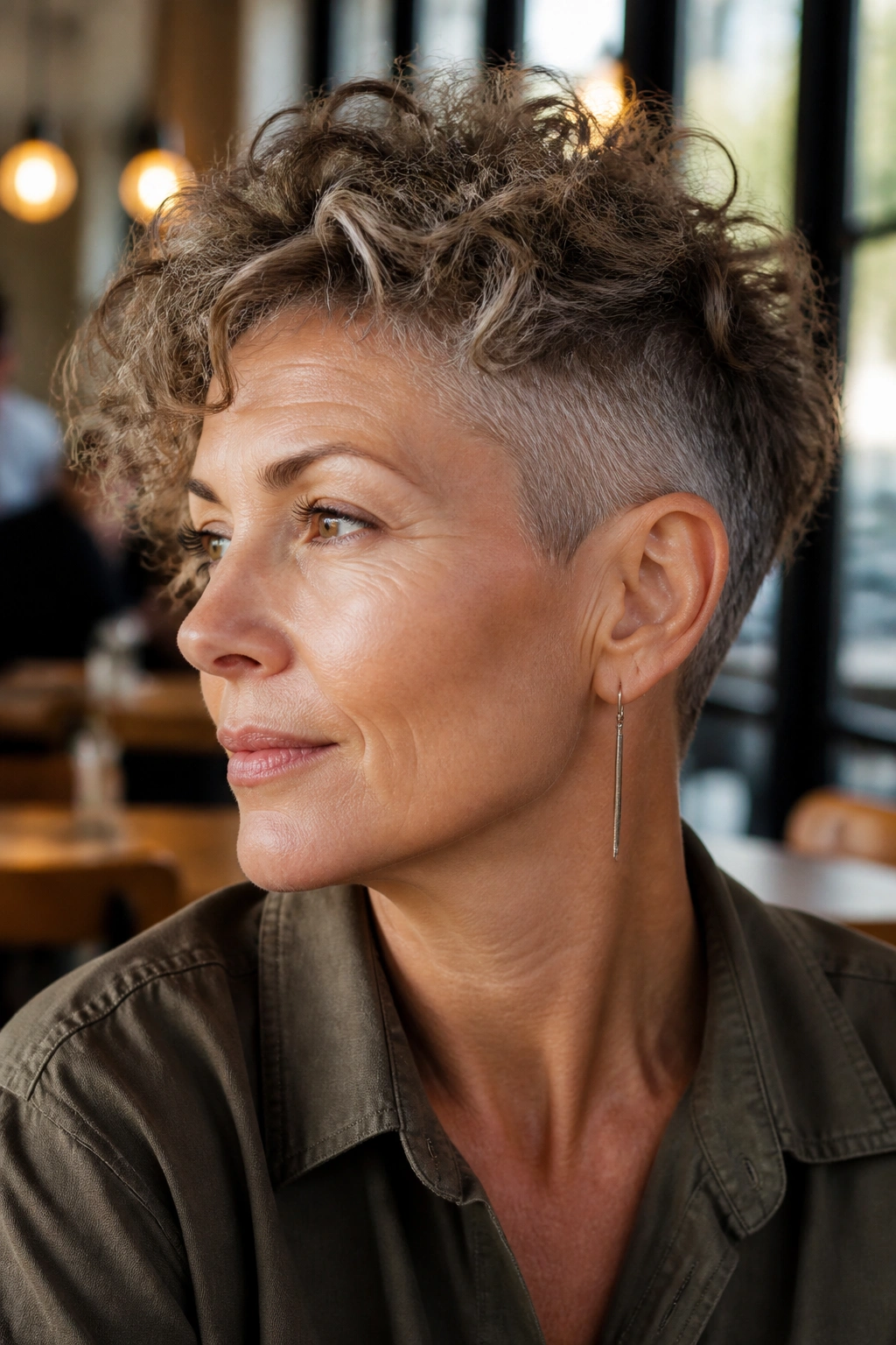 Close-up of a real woman with a tousled pixie and undercut.