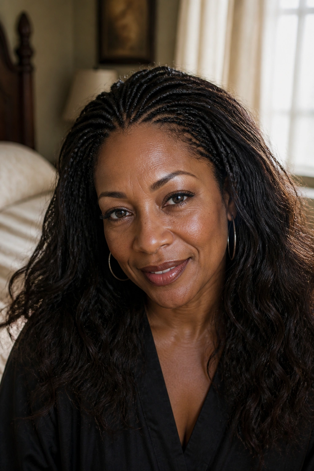 Close-up of a real woman with tree braids showing hidden-root braiding