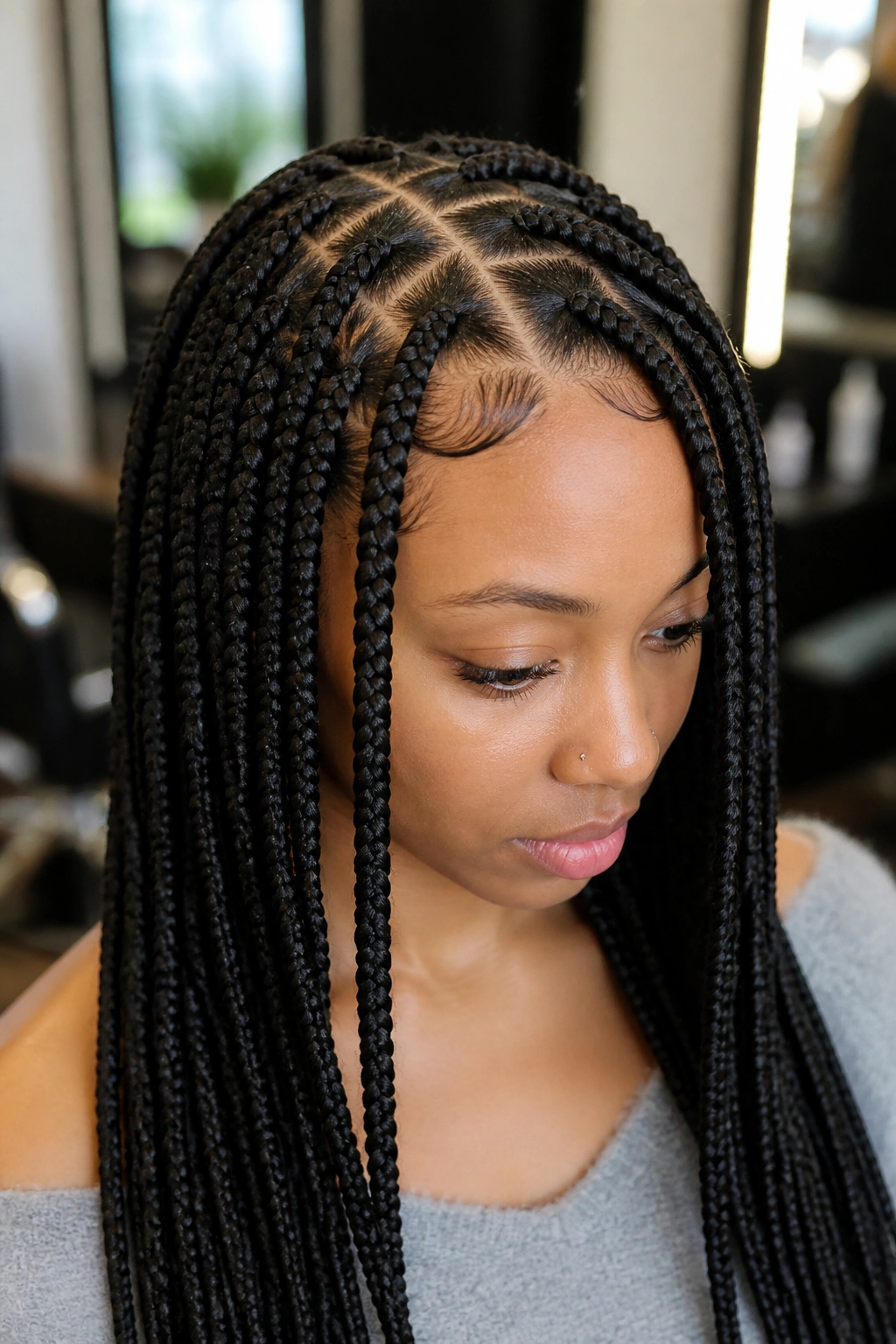 Close-up of a real person with triangle-part knotless braids showing triangular scalp sections.